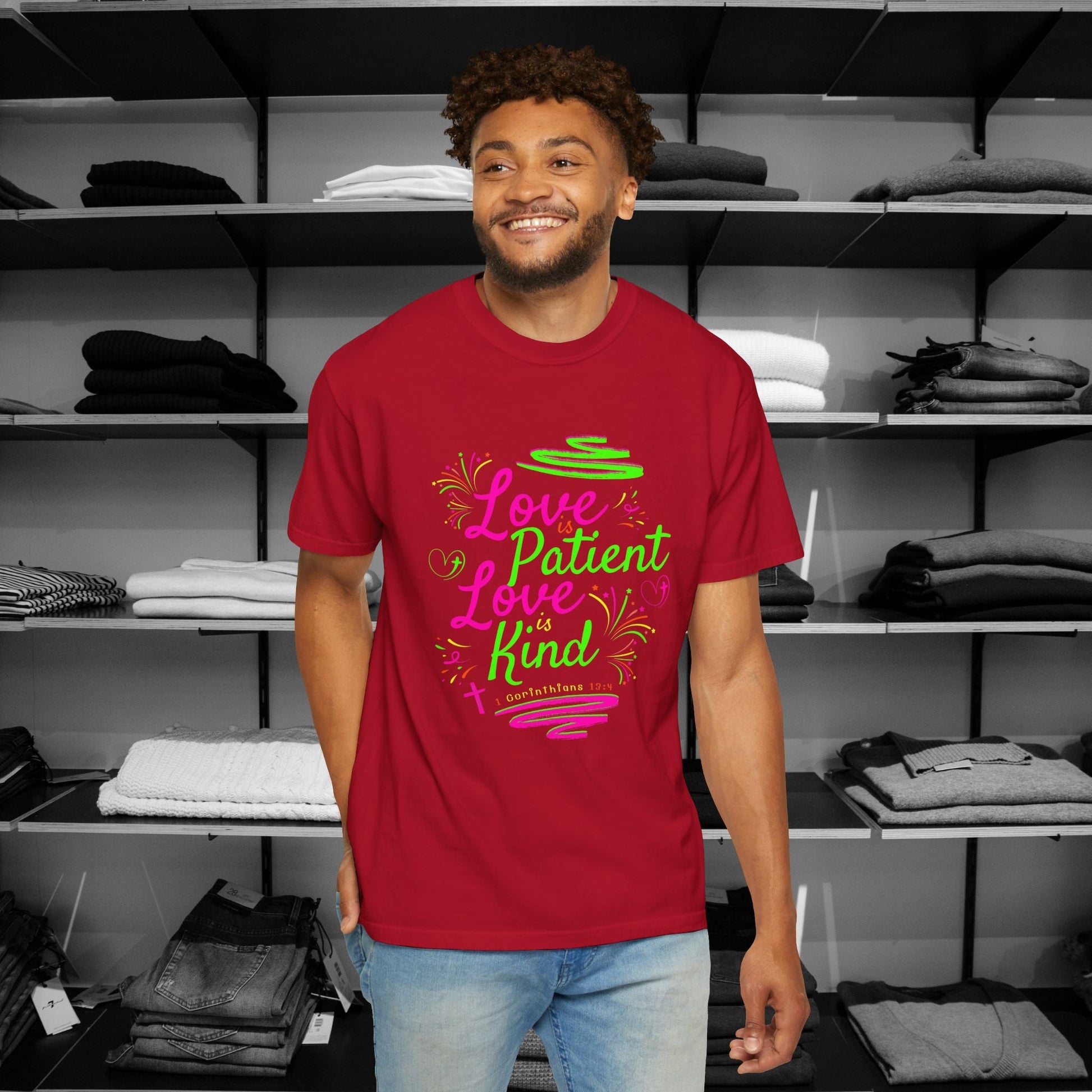 Embrace the timeless message of love with our vibrant Christian shirts featuring the beloved verse from 1 Corinthians 13:4 in Red Color Shop Now for Premium Comfort Colors Tees