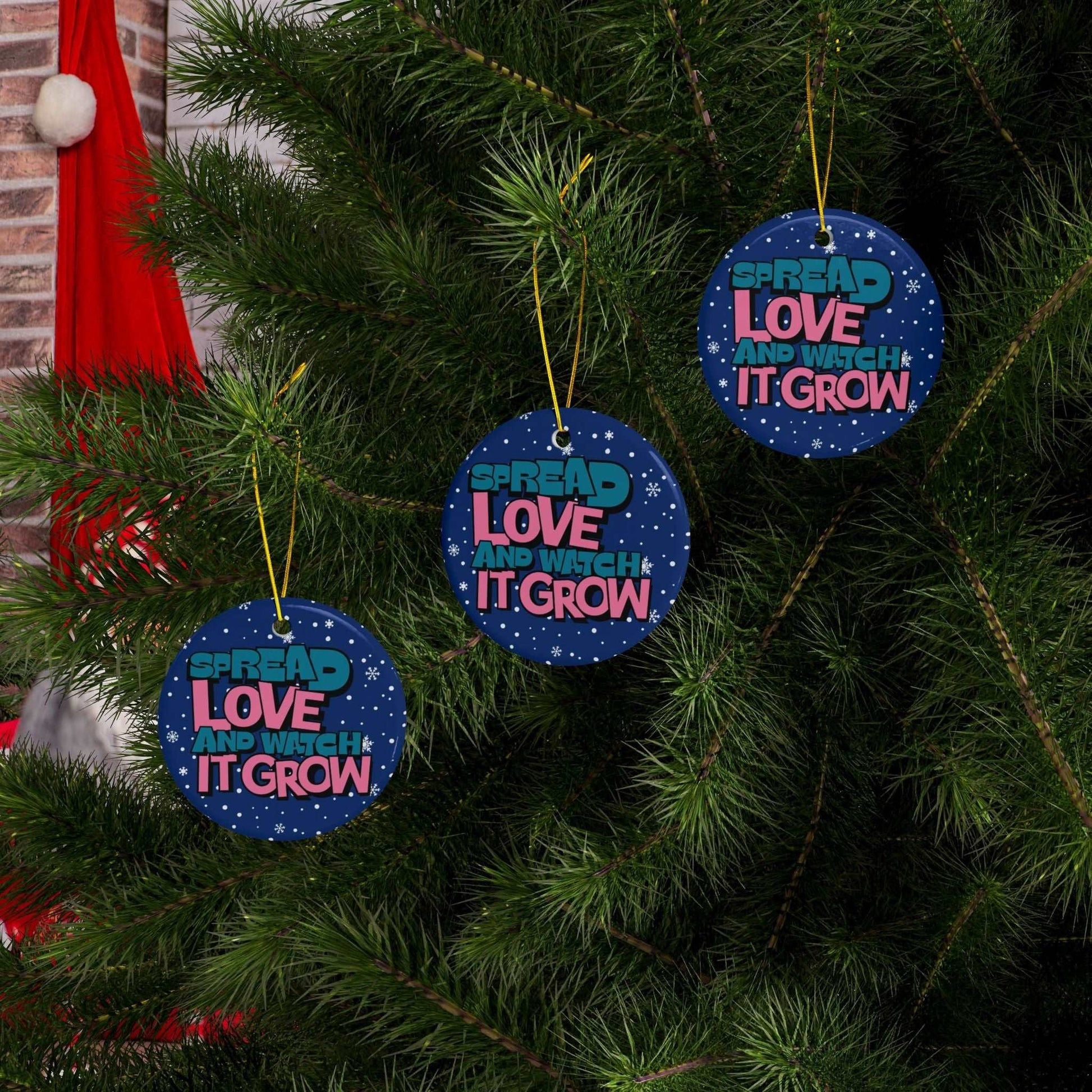 Transform Christmas trees into a beautiful beacon of growing love with Heartfelt Hoodies and these premium ceramic Christmas ornaments Spread Love and Watch it Grow.