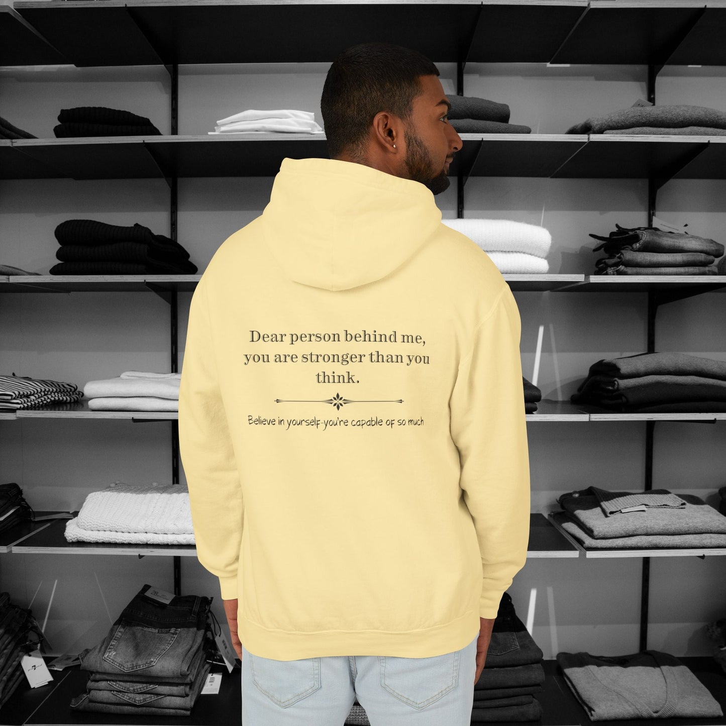 Elevate your everyday wear with a Dear Person Behind Me hoodie, designed for comfort and style. It spreads kindness with a message "you are stronger than you think".