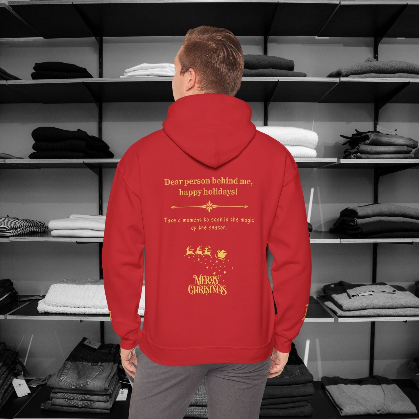 Spread the joy of the holiday season with this cozy Dear Person Behind Me hoodie, featuring the festive message: "Happy Holidays!" Perfect for holiday shopping, 