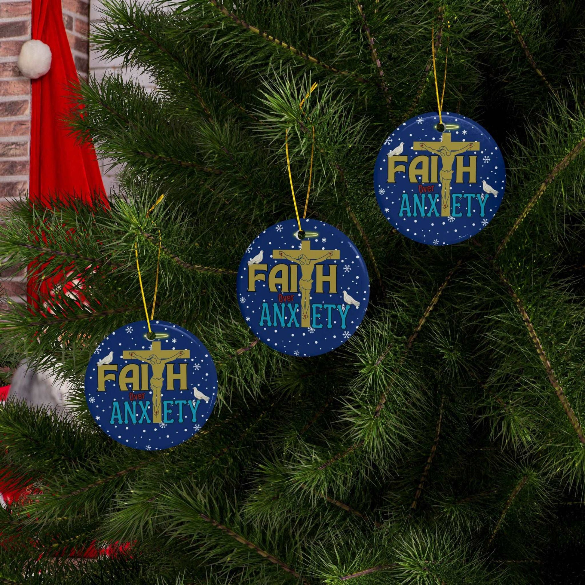 "Faith Over Anxiety" Ceramic Christmas Ornaments| Christian Tree Ornaments