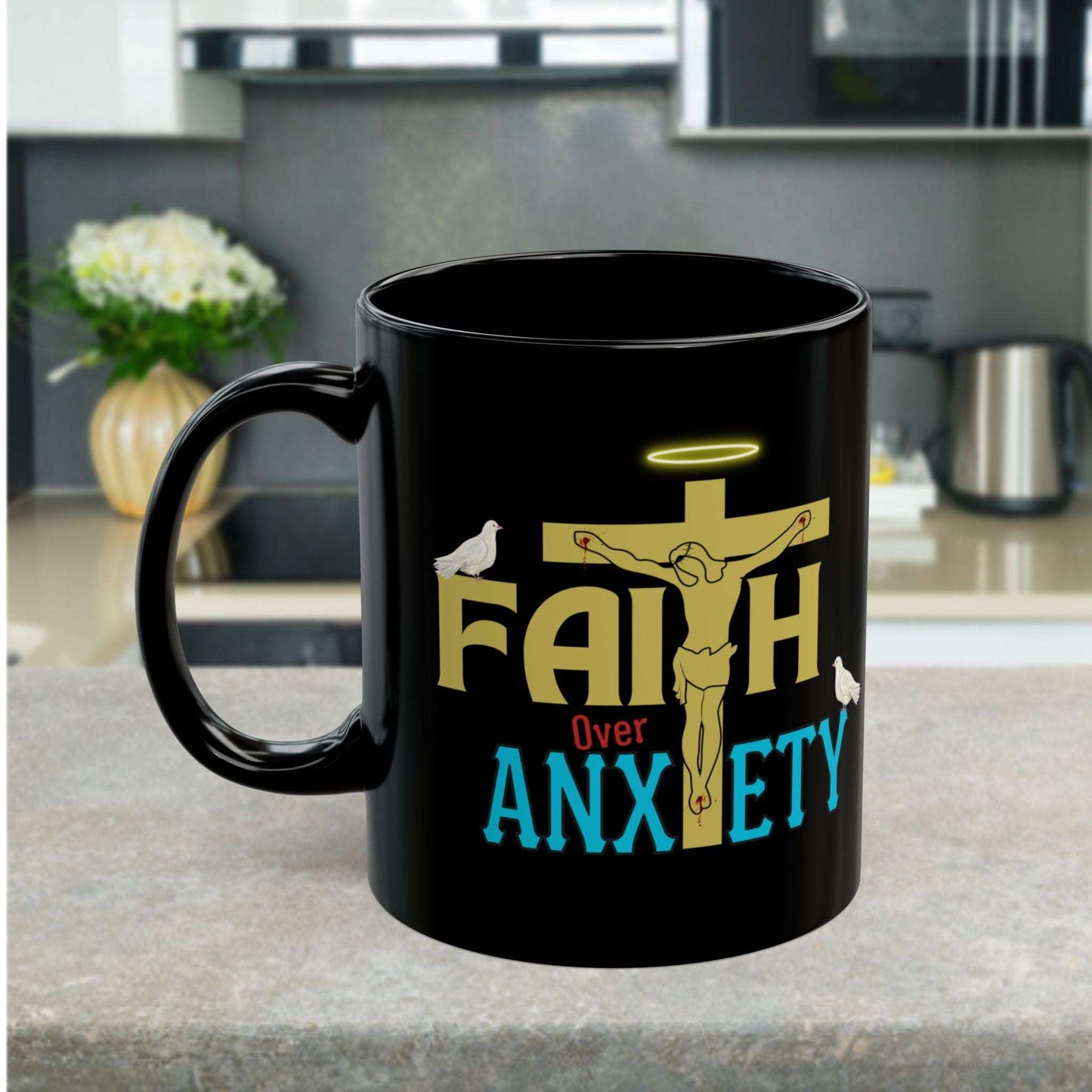 Drink your church gavering morning coffee with love and encouragement with our "Faith Over Anxiety" Christian ceramic coffee mug. This Christian Ceramic coffee mug