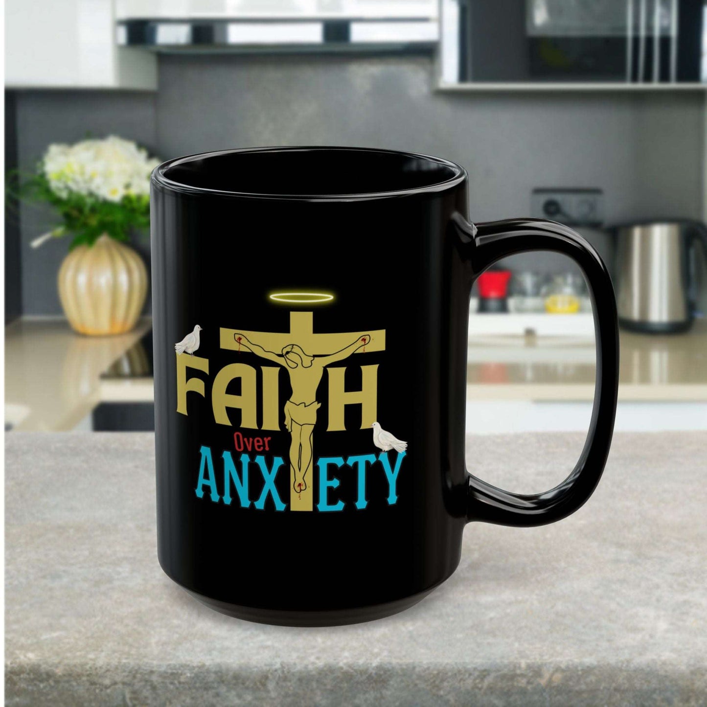 Drink your church gavering morning coffee with love and encouragement with our "Faith Over Anxiety" Christian ceramic coffee mug. This Christian Ceramic coffee mug