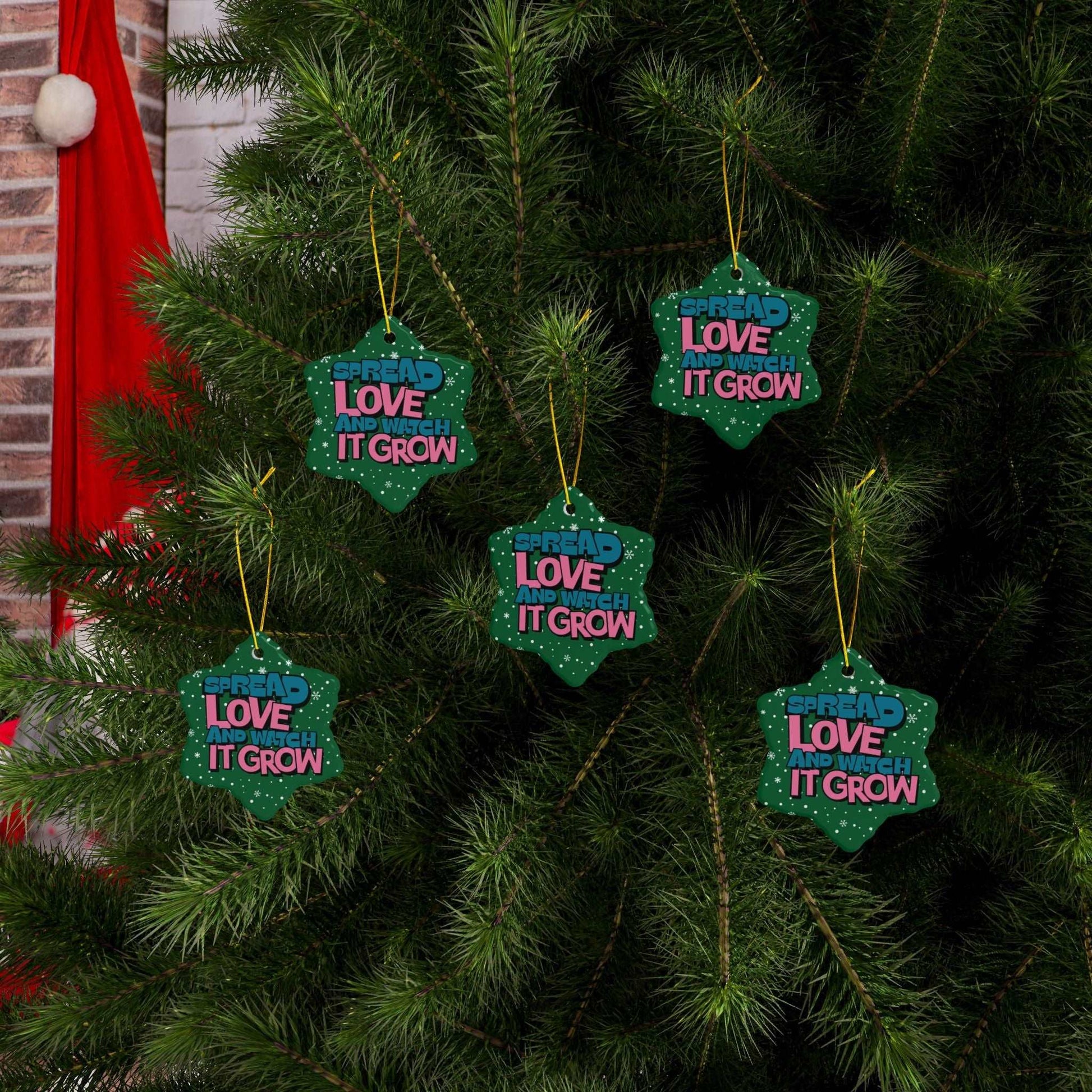 Transform Christmas trees into a beautiful beacon of growing love with Heartfelt Hoodies and these premium ceramic Christmas ornaments Spread Love and Watch it Grow.