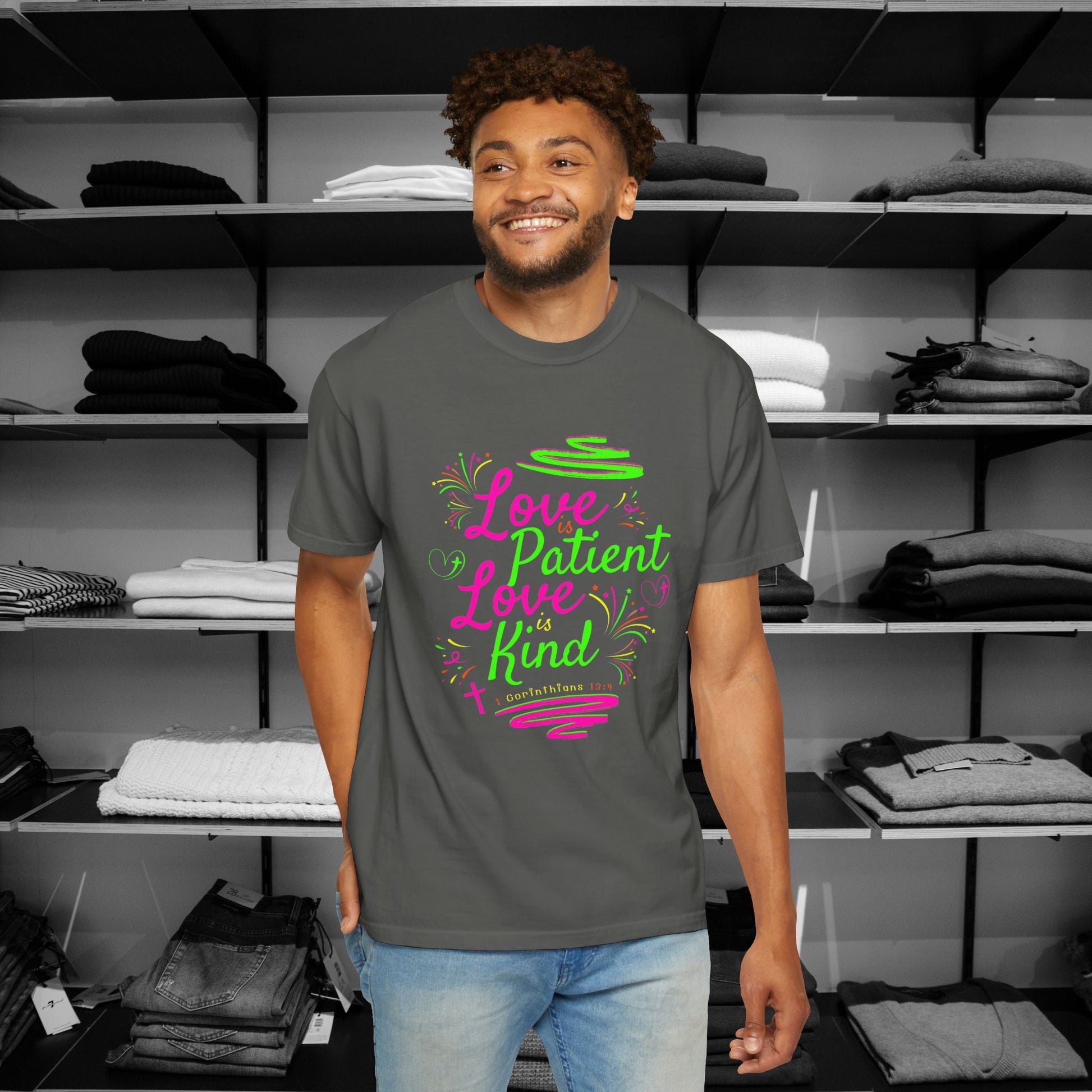 Embrace the timeless message of love with our vibrant Christian shirts featuring the beloved verse from 1 Corinthians 13:4 in Pepper Grey Color Shop Now for Premium Comfort Colors Tees