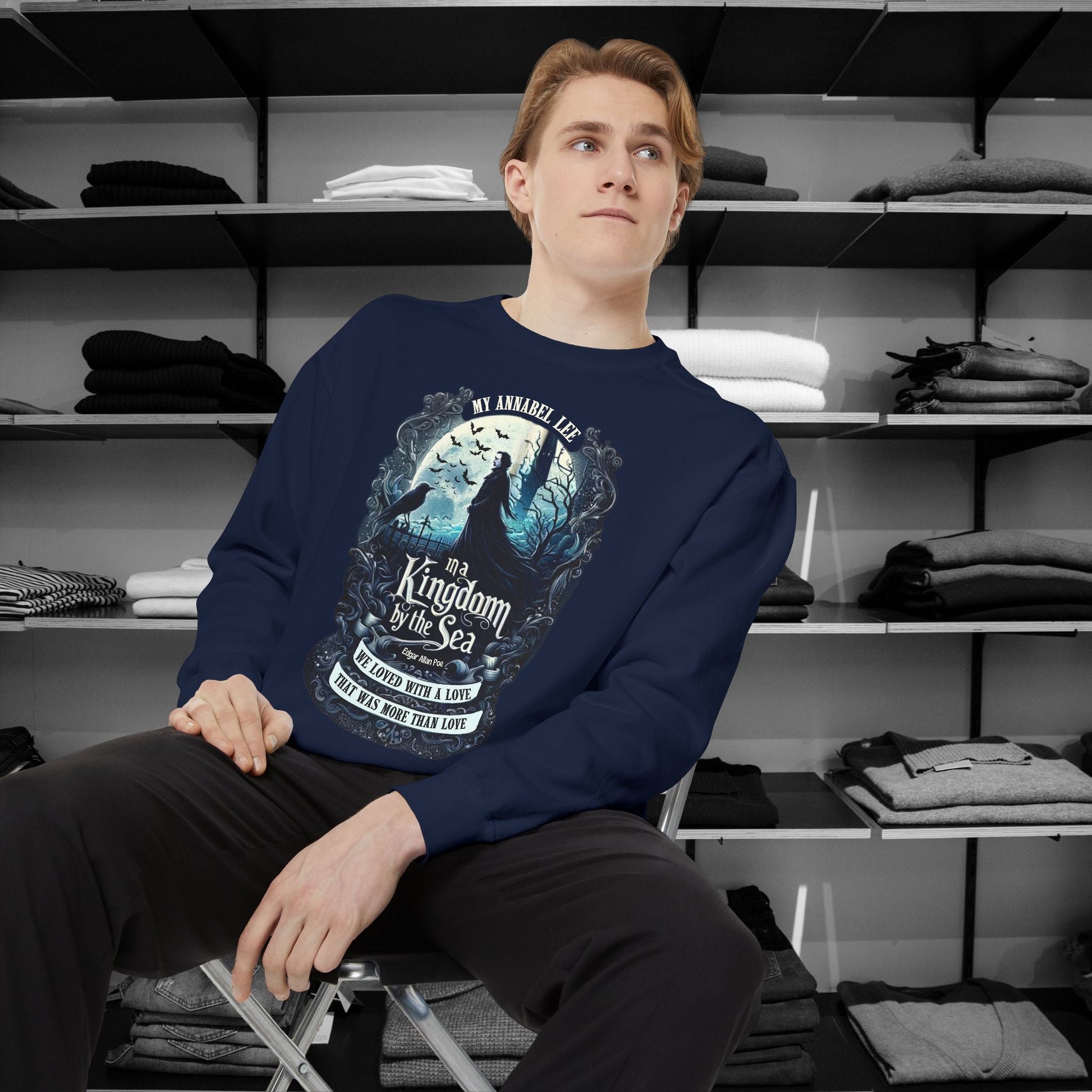 Step into the haunting beauty of Edgar Allan Poe’s timeless poem with our Poetry Clothing line, This Annabel Lee Sweatshirt Features a moonlit sea and gothic castle