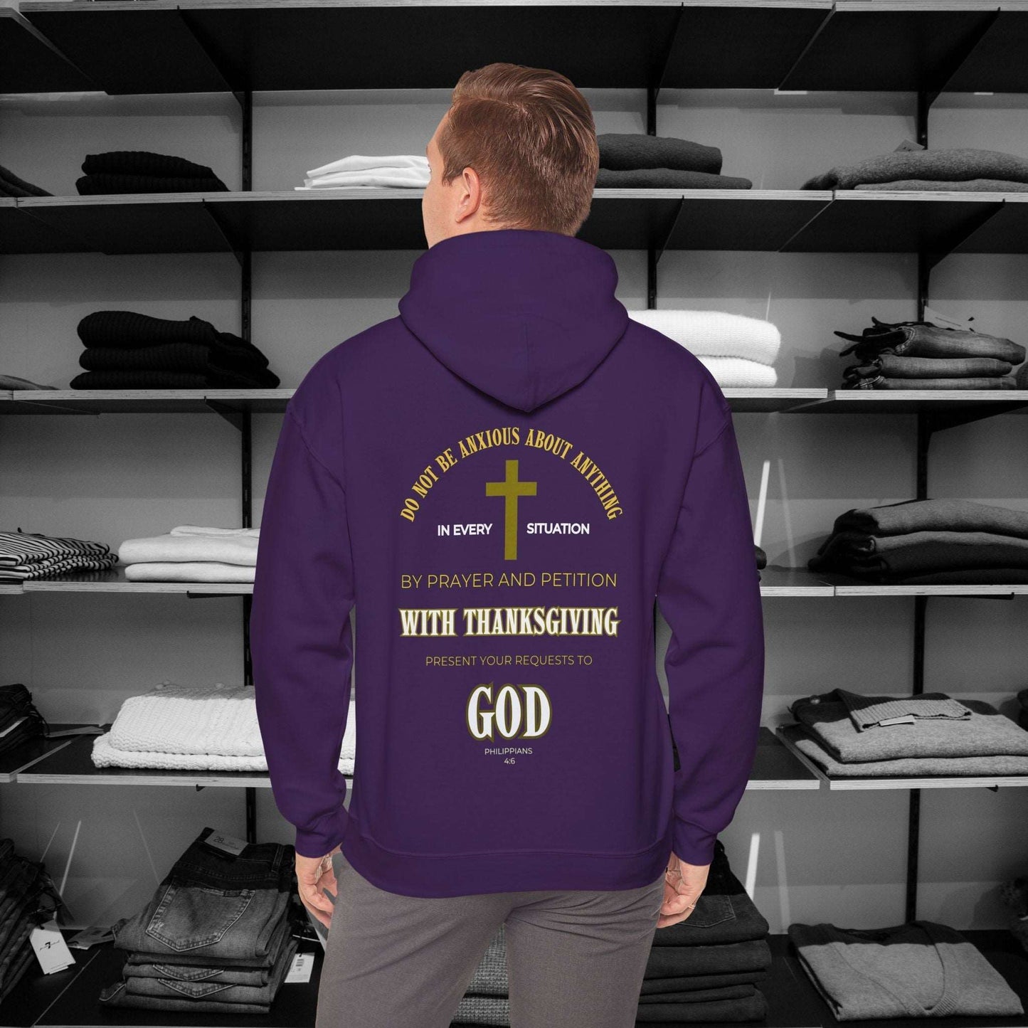 Start the day with a spirit of gratitude in these beautifully designed Christian hoodies by Heartfelt Hoodies. Philippians 4:6 based design. Perfect for Thanksgiving