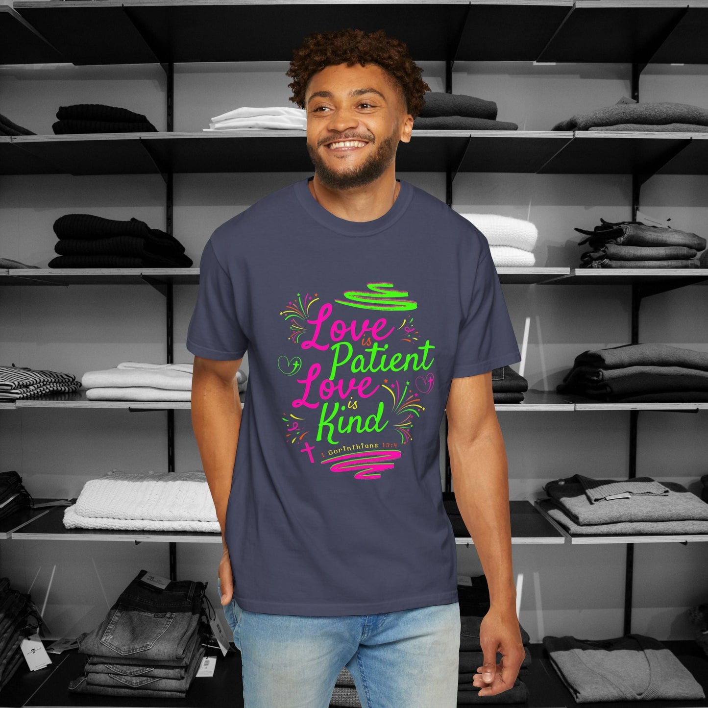 Embrace the timeless message of love with our vibrant Christian shirts featuring the beloved verse from 1 Corinthians 13:4 in Denim Navy Color Shop Now for Premium Comfort Colors Tees