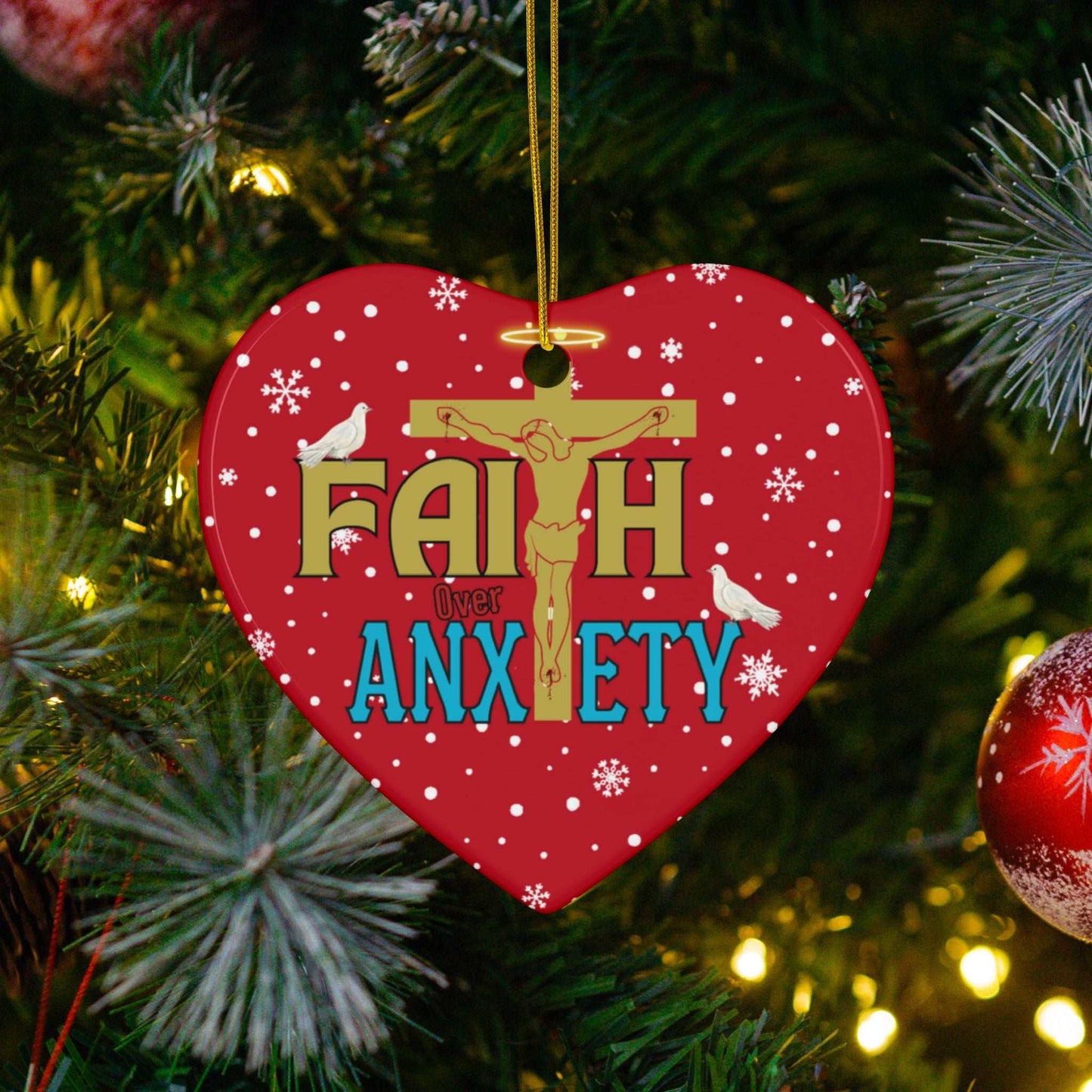 "Faith Over Anxiety" Ceramic Christmas Ornaments| Christian Tree Ornaments