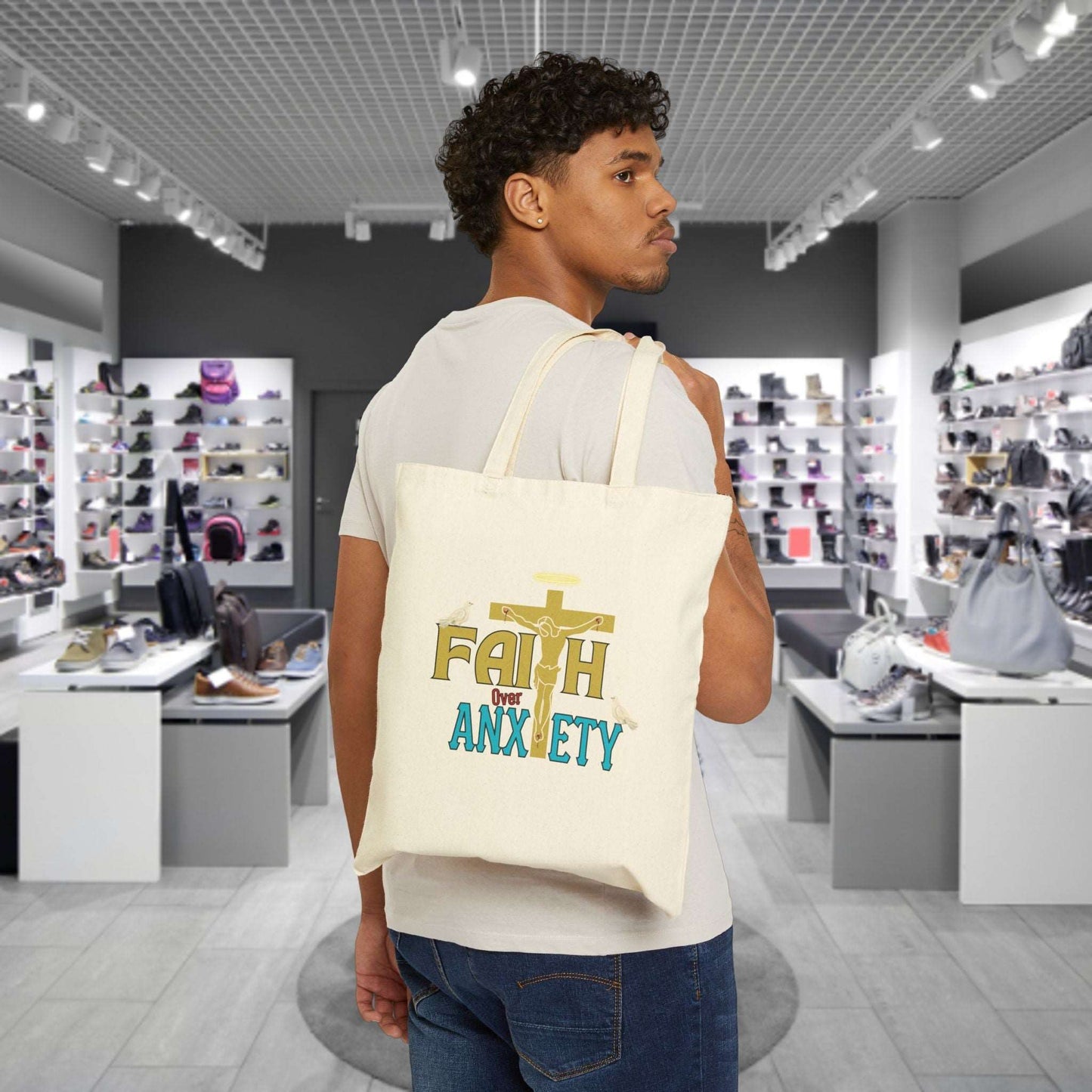 Carry your faith and a powerful reminder of God's peace with our premium "Faith Over Anxiety" cotton canvas Christian tote bag. Beautifully designed Christian tote. 