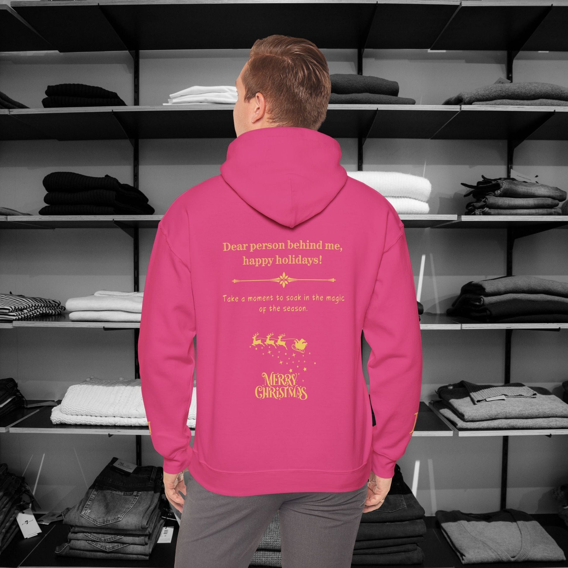 Spread the joy of the holiday season with this cozy Dear Person Behind Me hoodie, featuring the festive message: "Happy Holidays!" Perfect for holiday shopping, 