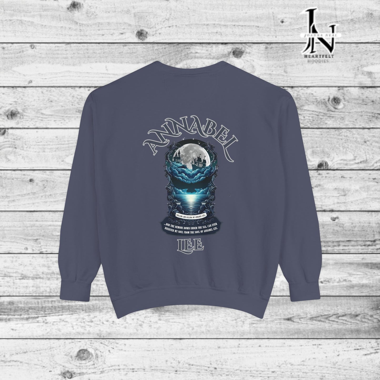 Step into the haunting beauty of Edgar Allan Poe’s timeless poem with our Poetry Clothing line, This Annabel Lee Sweatshirt Features a moonlit sea and gothic castle