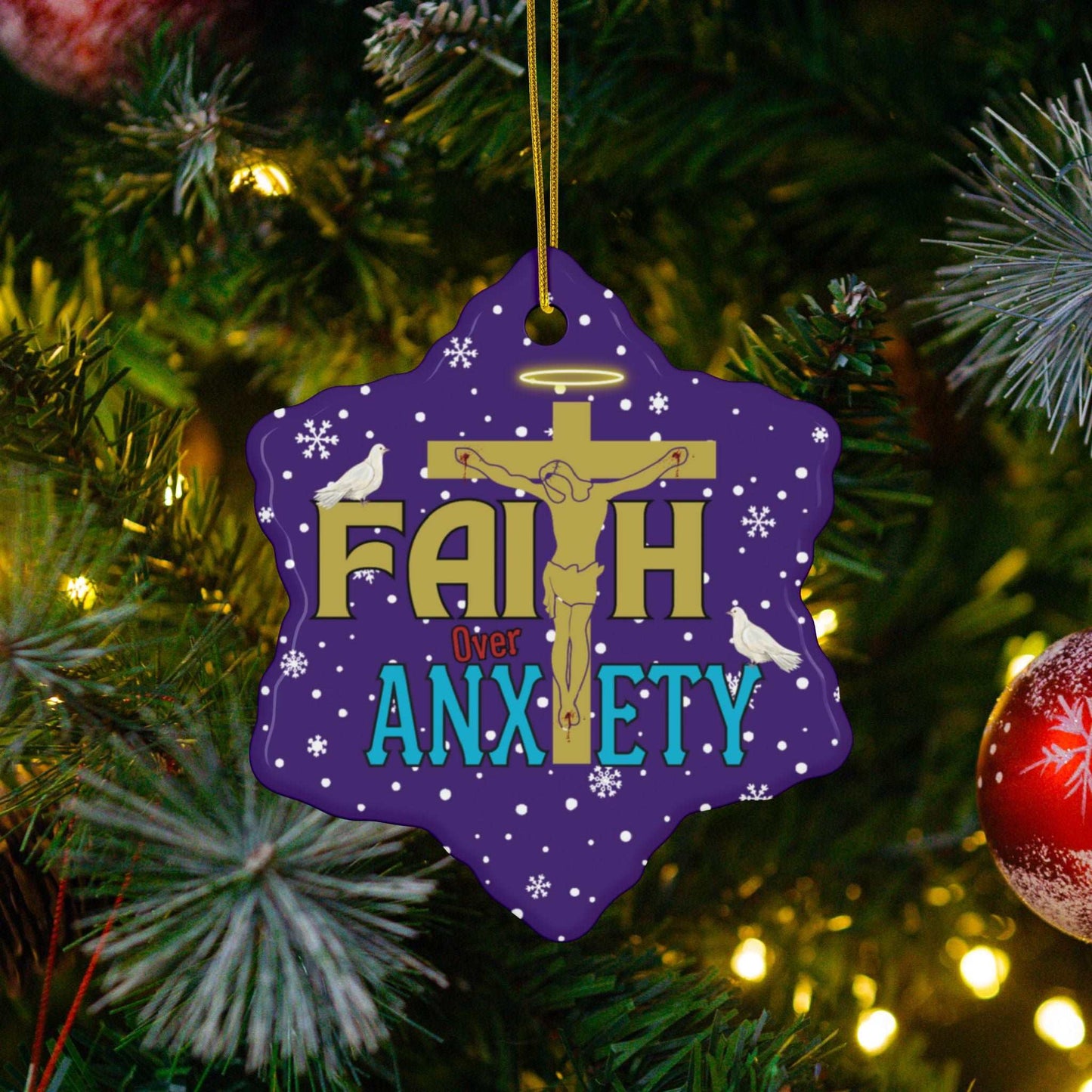 "Faith Over Anxiety" Ceramic Christmas Ornaments| Christian Tree Ornaments