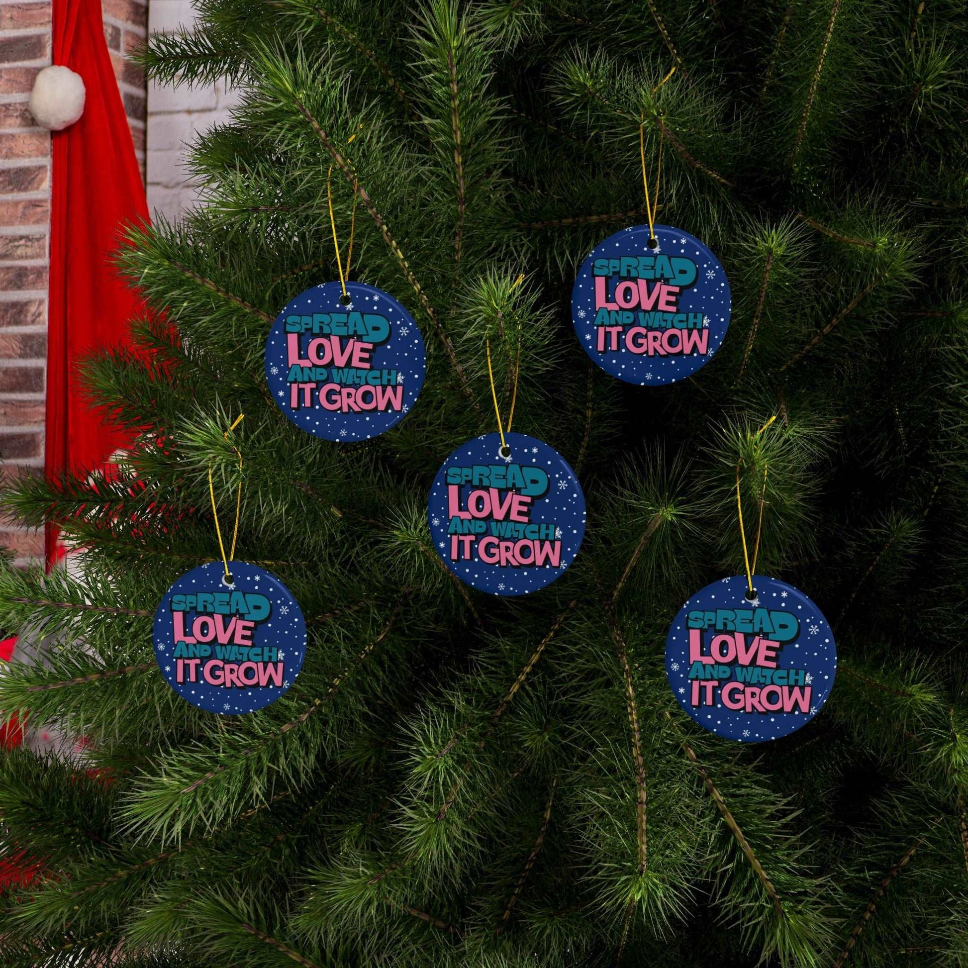 Transform Christmas trees into a beautiful beacon of growing love with Heartfelt Hoodies and these premium ceramic Christmas ornaments Spread Love and Watch it Grow.