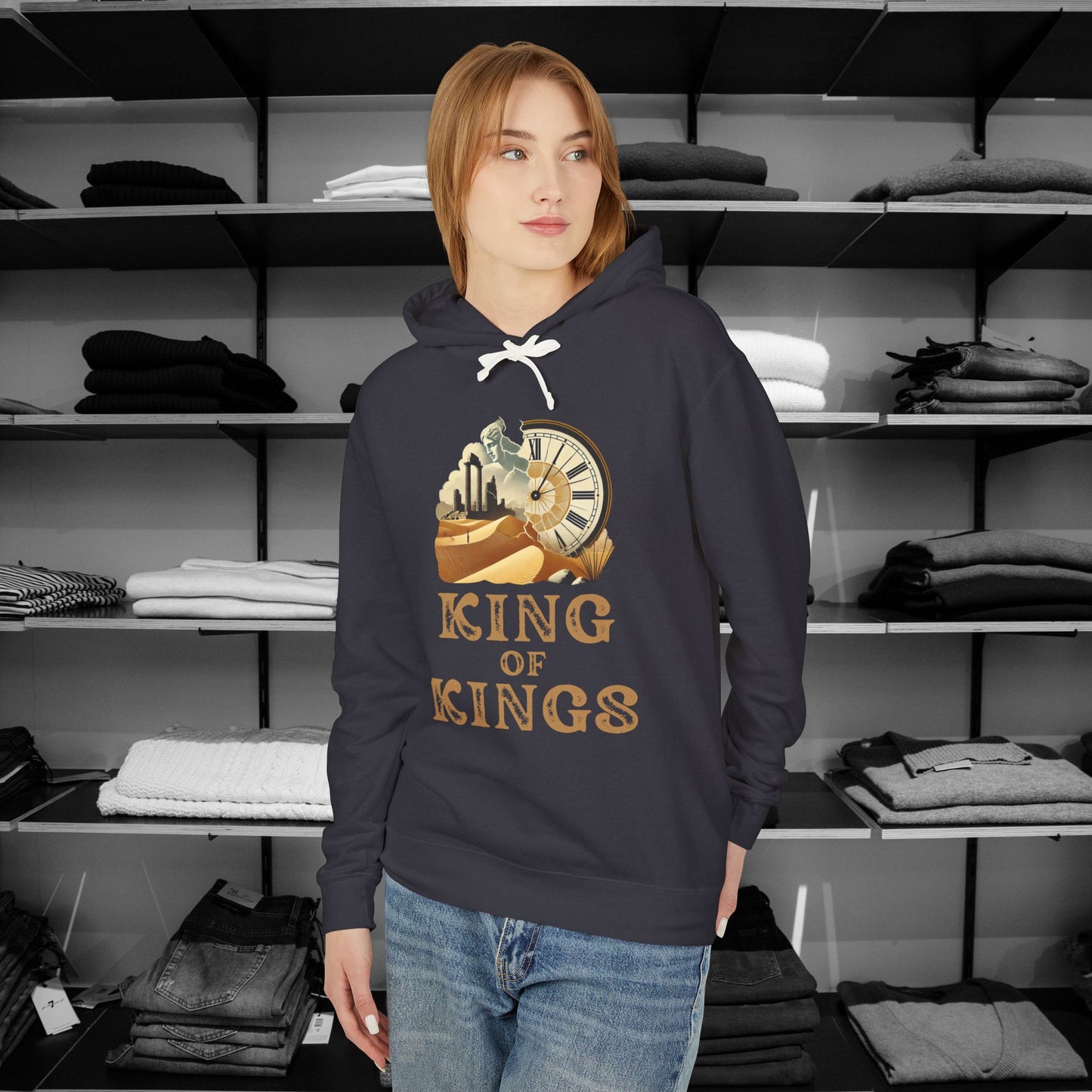 Poetry Clothing - Featuring a vivid desert sunset, a fallen statue, and the iconic quote, "Look on my works, ye mighty, and despair," this hoodie captures the impermanence of power and the beauty of art. The front features the majestic phrase "King of Kings" with a timeless design showcasing a crumbling statue, a clock symbolizing the passage of time, and desert ruins. On the back, the unforgettable quote, "Look on my works, ye mighty, and despair,