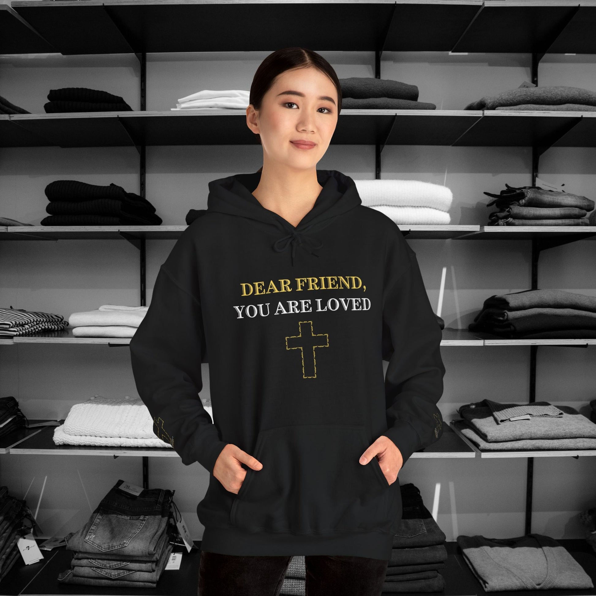 Dear Person Behind Me Hoodie - You Are Loved by God. No matter what, His love for you is unchanging and eternal." Adorned with a beautifully crafted heart and cross.