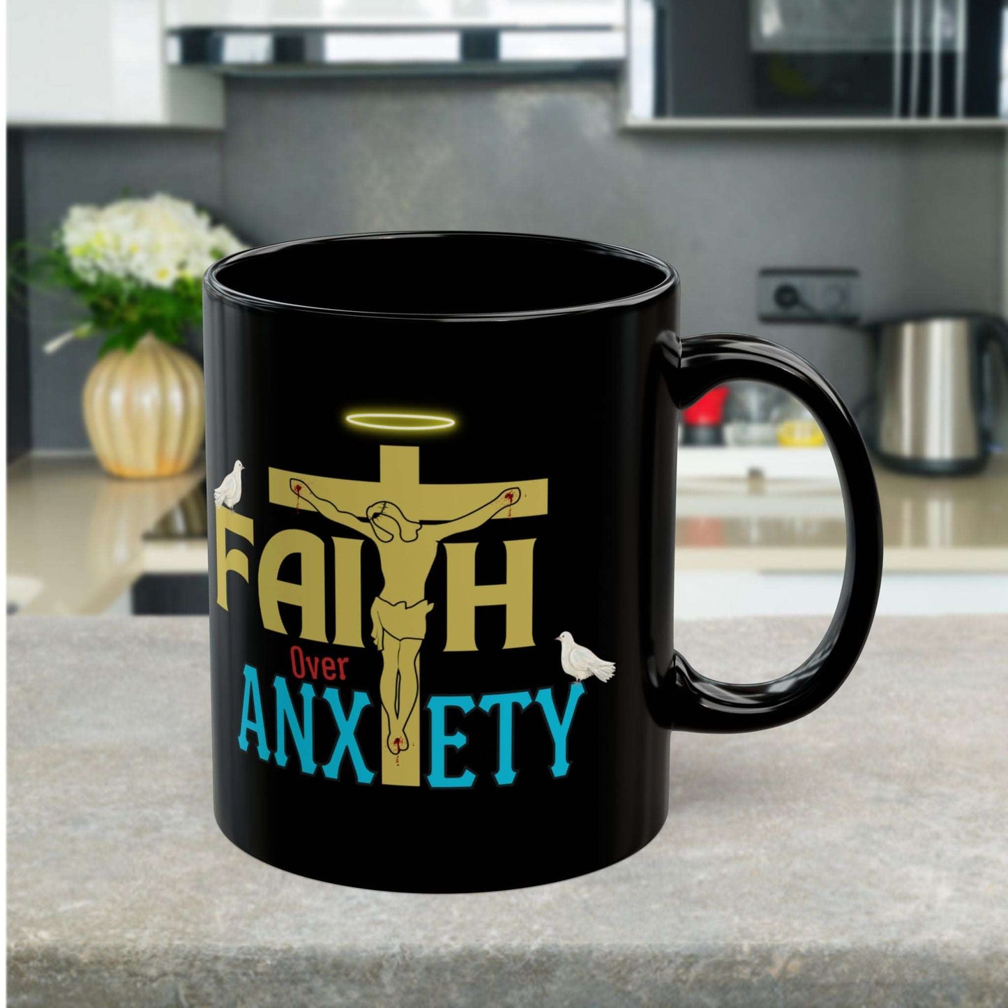 Drink your church gavering morning coffee with love and encouragement with our "Faith Over Anxiety" Christian ceramic coffee mug. This Christian Ceramic coffee mug