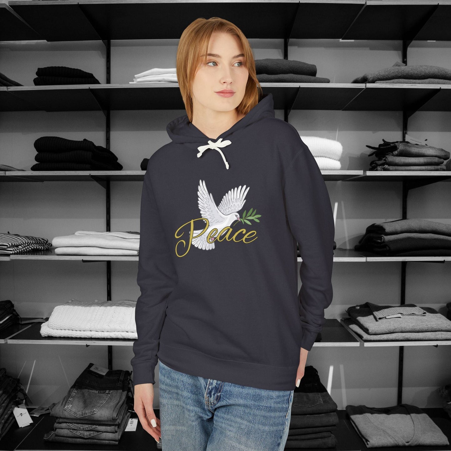 Spread a message of peace and faith with this beautifully designed Comfort Colors Christian hoodies from Heartfelt Hoodies. Features a bold Peace design with a dove.