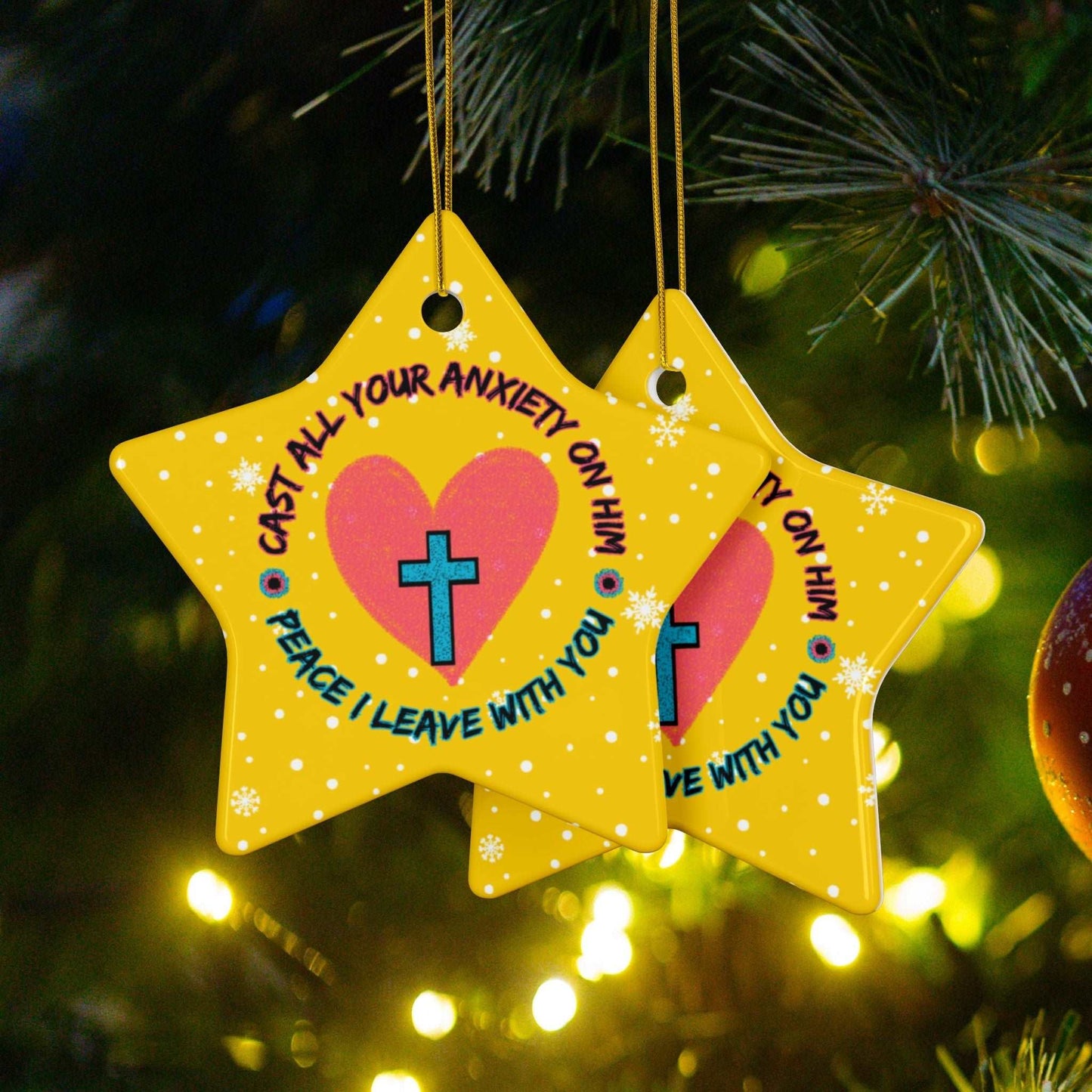 Cast all Your Anxiety On Him Ceramic Christmas Ornaments from Heartfelt Hoodies seasonal specials combine Christmas with Mental Health Awareness and Christian Faith.