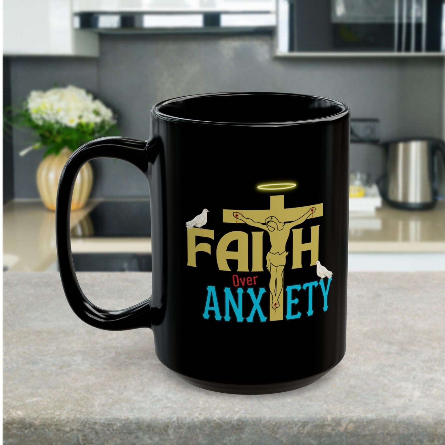 Drink your church gavering morning coffee with love and encouragement with our "Faith Over Anxiety" Christian ceramic coffee mug. This Christian Ceramic coffee mug