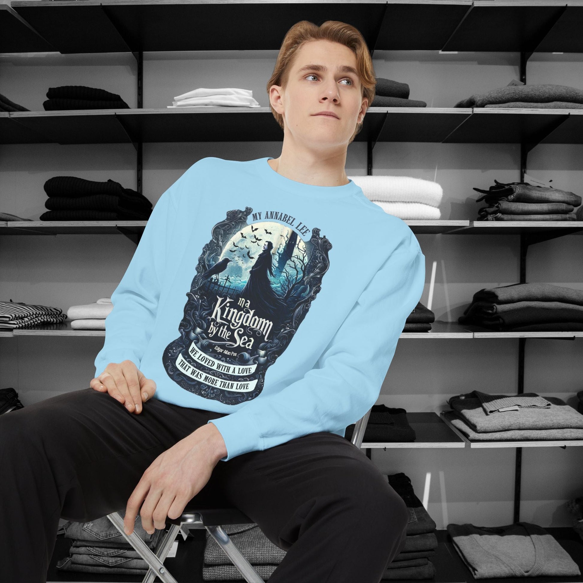 Step into the haunting beauty of Edgar Allan Poe’s timeless poem with our Poetry Clothing line, This Annabel Lee Sweatshirt Features a moonlit sea and gothic castle