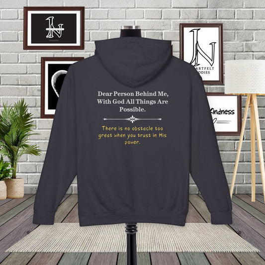 Inspire faith with our 'Dear Person Behind Me' Comfort Colors hoodie. The message 'With God All Things Are Possible' reminds wearers of His limitless power. These cozy Christian Hoodies encourage trust in God's strength to overcome any obstacle. A perfect blend of comfort and spiritual inspiration