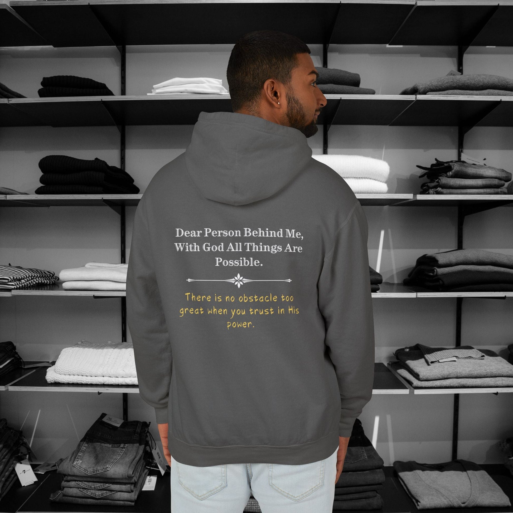 Inspire faith with our 'Dear Person Behind Me' Comfort Colors hoodie. The message 'With God All Things Are Possible' reminds wearers of His limitless power. These cozy Christian Hoodies encourage trust in God's strength to overcome any obstacle. A perfect blend of comfort and spiritual inspiration