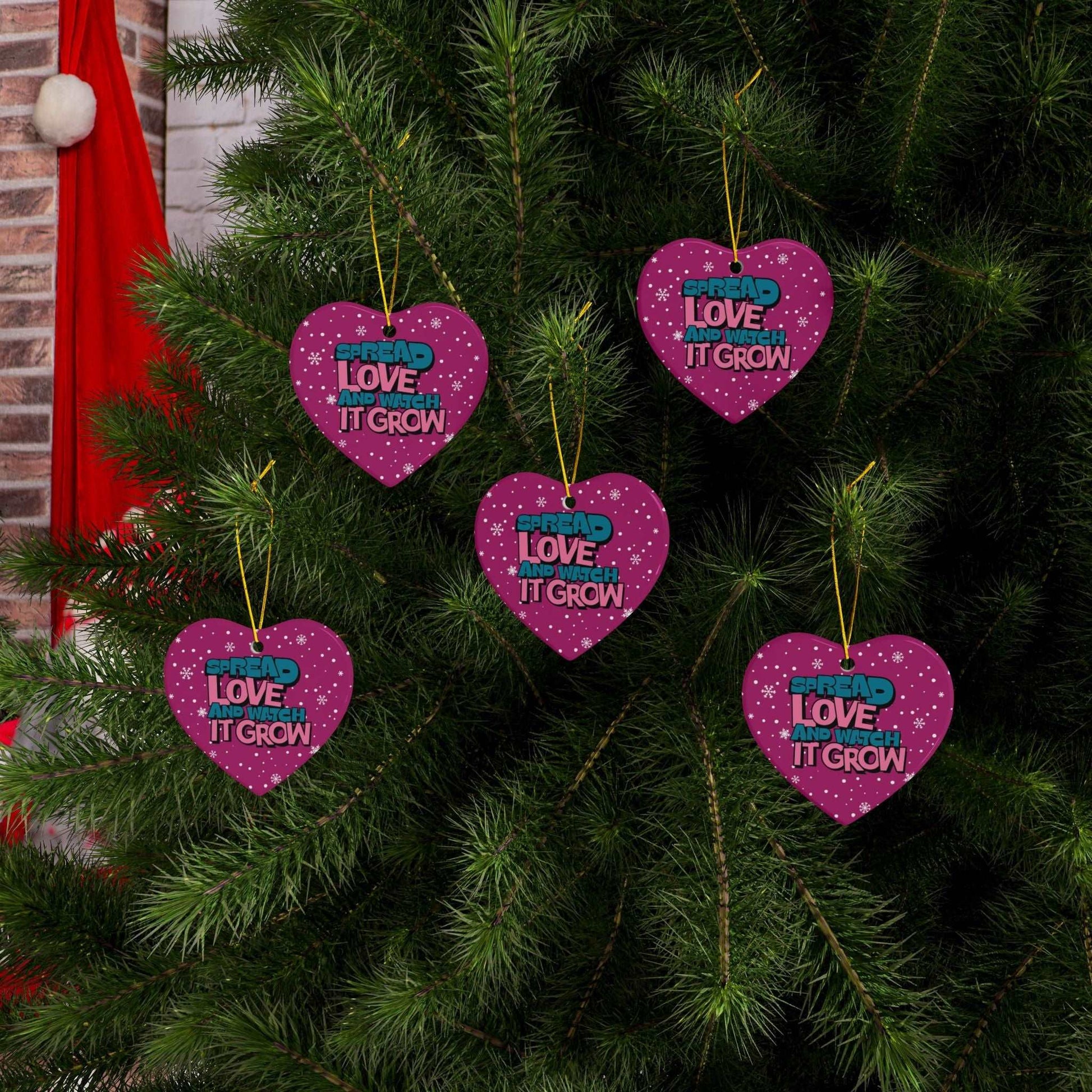 Transform Christmas trees into a beautiful beacon of growing love with Heartfelt Hoodies and these premium ceramic Christmas ornaments Spread Love and Watch it Grow.