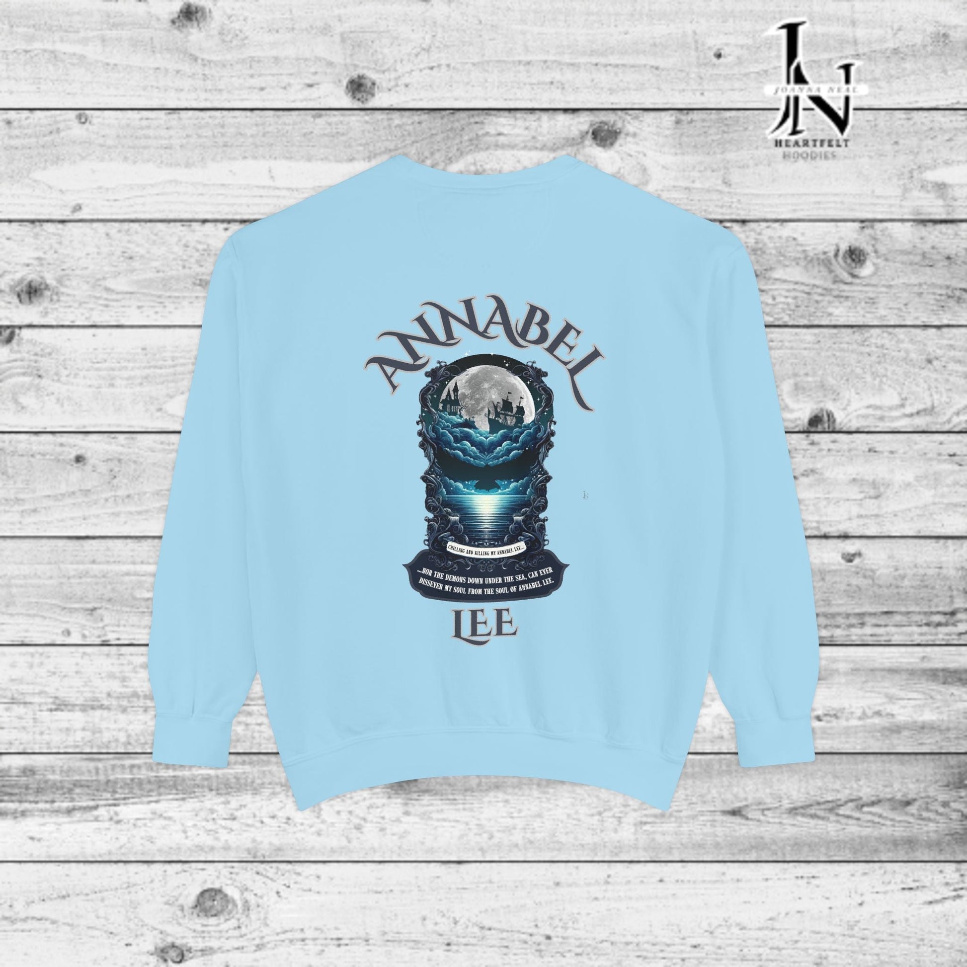 Step into the haunting beauty of Edgar Allan Poe’s timeless poem with our Poetry Clothing line, This Annabel Lee Sweatshirt Features a moonlit sea and gothic castle