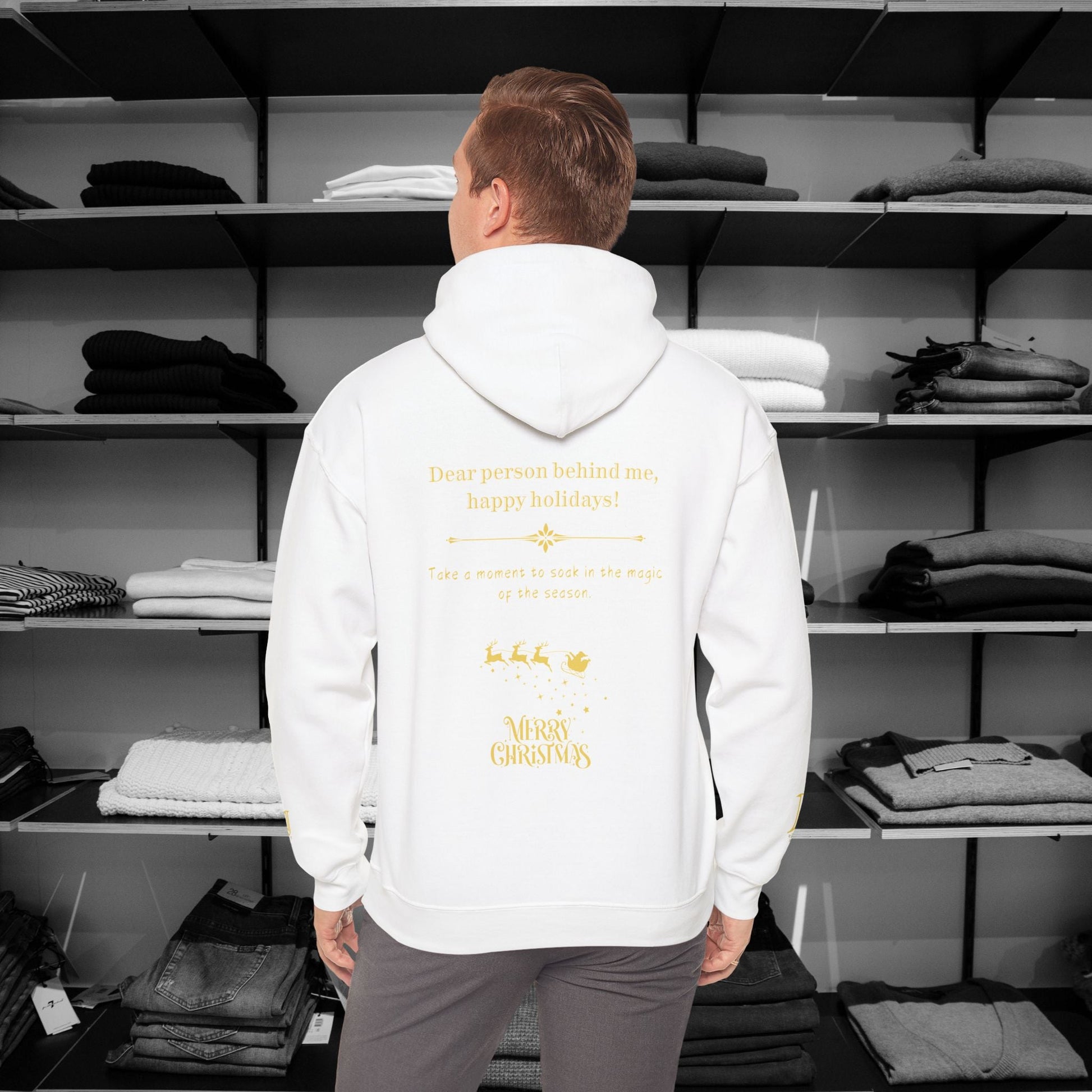 Spread the joy of the holiday season with this cozy Dear Person Behind Me hoodie, featuring the festive message: "Happy Holidays!" Perfect for holiday shopping, 