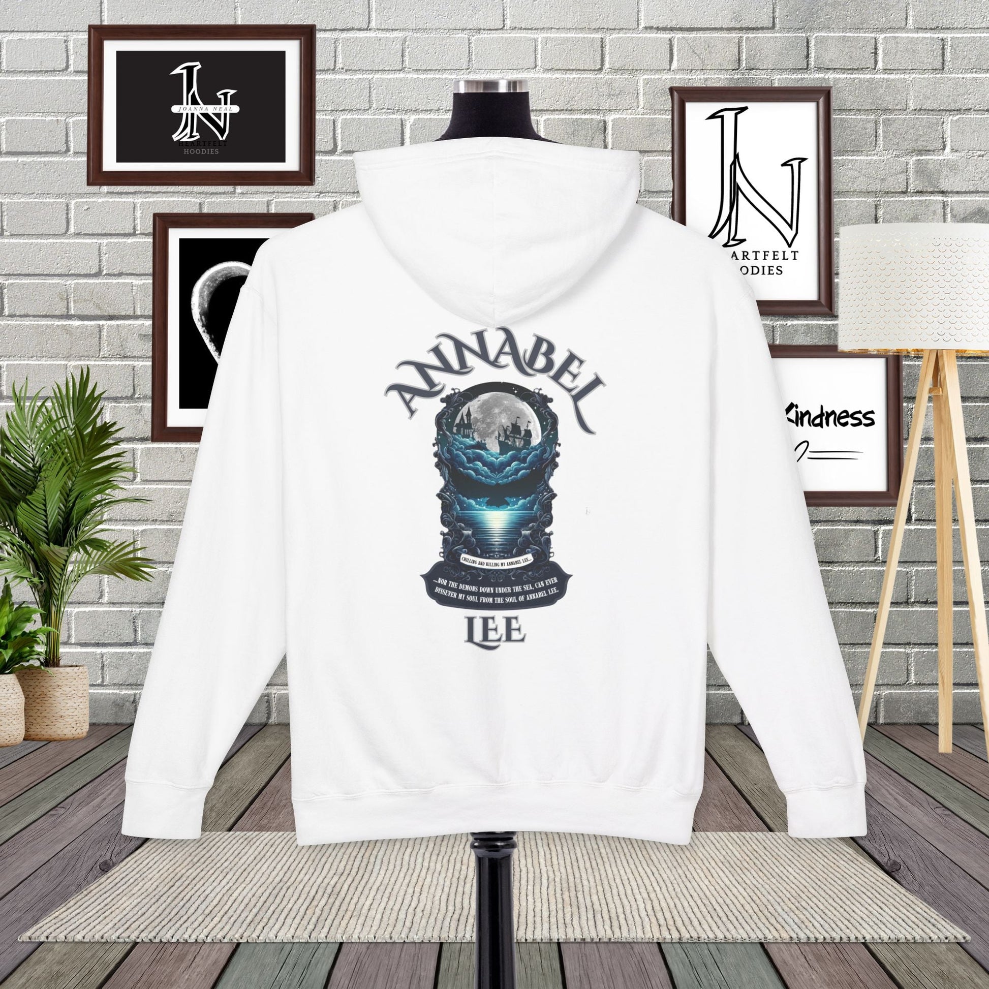 The haunting beauty of Edgar Allan Poe’s timeless poem diplayed with our Poetry Clothing Annabel Lee Gothic classic hoodie. Features a moonlit sea and gothic castle 