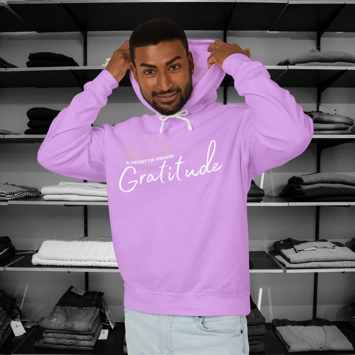 Start each day with a spirit of gratitude in this beautifully designed Comfort Colors hoodie from Heartfelt Hoodies.  Click here ⬆ to shop all our Christian hoodies.