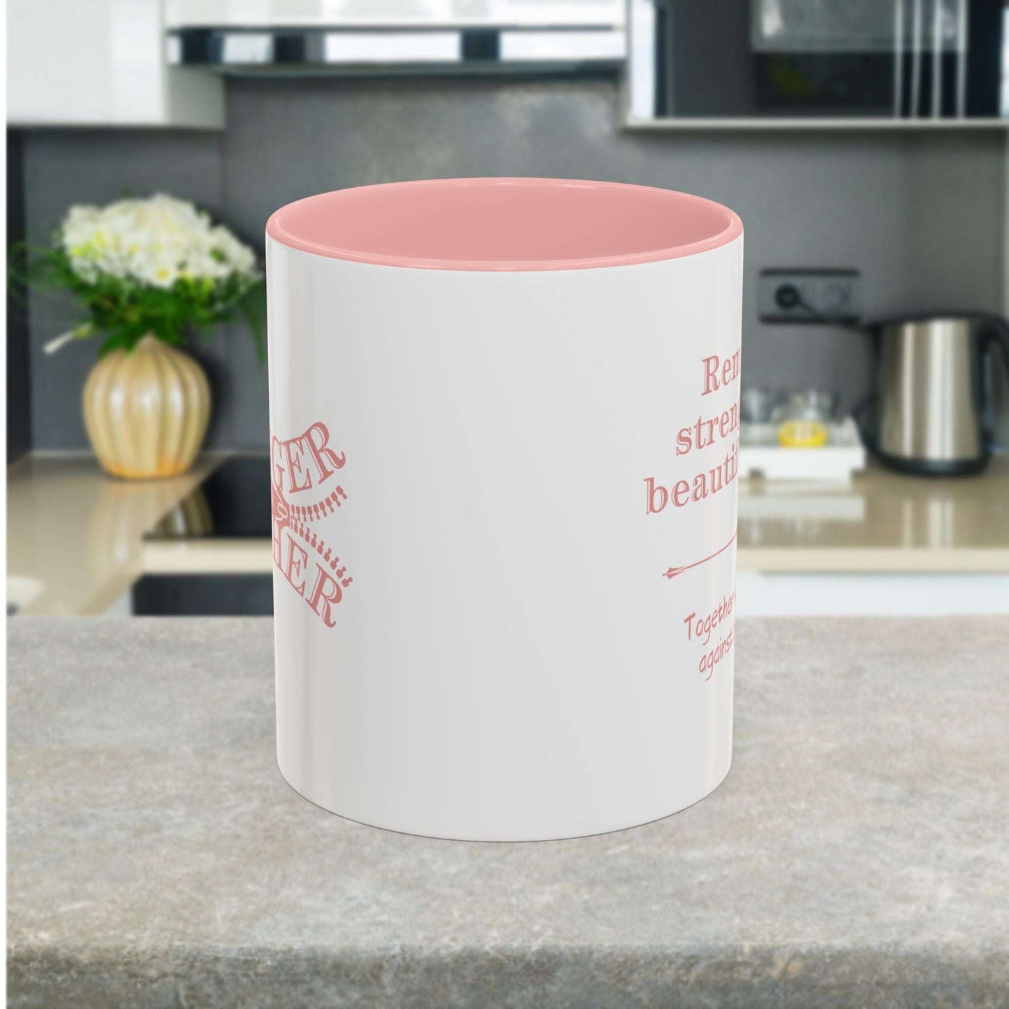 Together We Rise and Fight Against Breast Cancer speaks to both inner and outer strength. The Ceramic Coffee Mug boldly displays&nbsp; Remember strength looks beautiful in pink