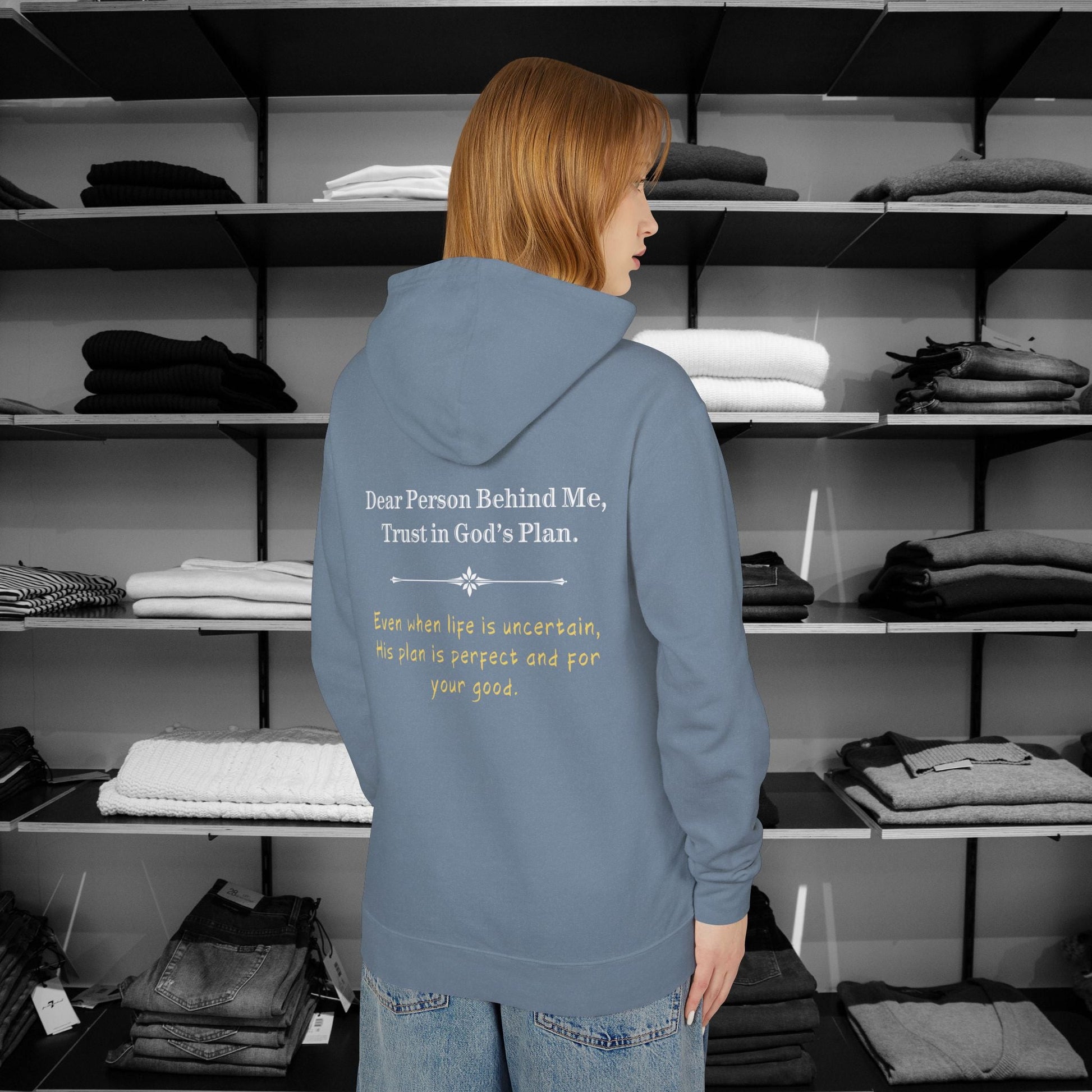 Wrap up in love & encouragement with Dear Person Behind Me hoodies "Trust in God’s Plan".These Christian hoodies are designed with love and faith and perfect for church