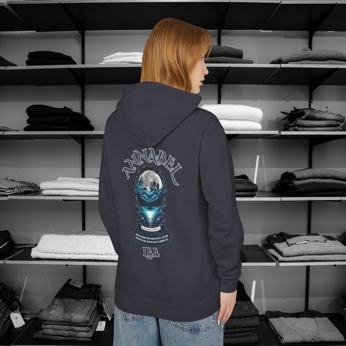 The haunting beauty of Edgar Allan Poe’s timeless poem diplayed with our Poetry Clothing Annabel Lee Gothic classic hoodie. Features a moonlit sea and gothic castle 