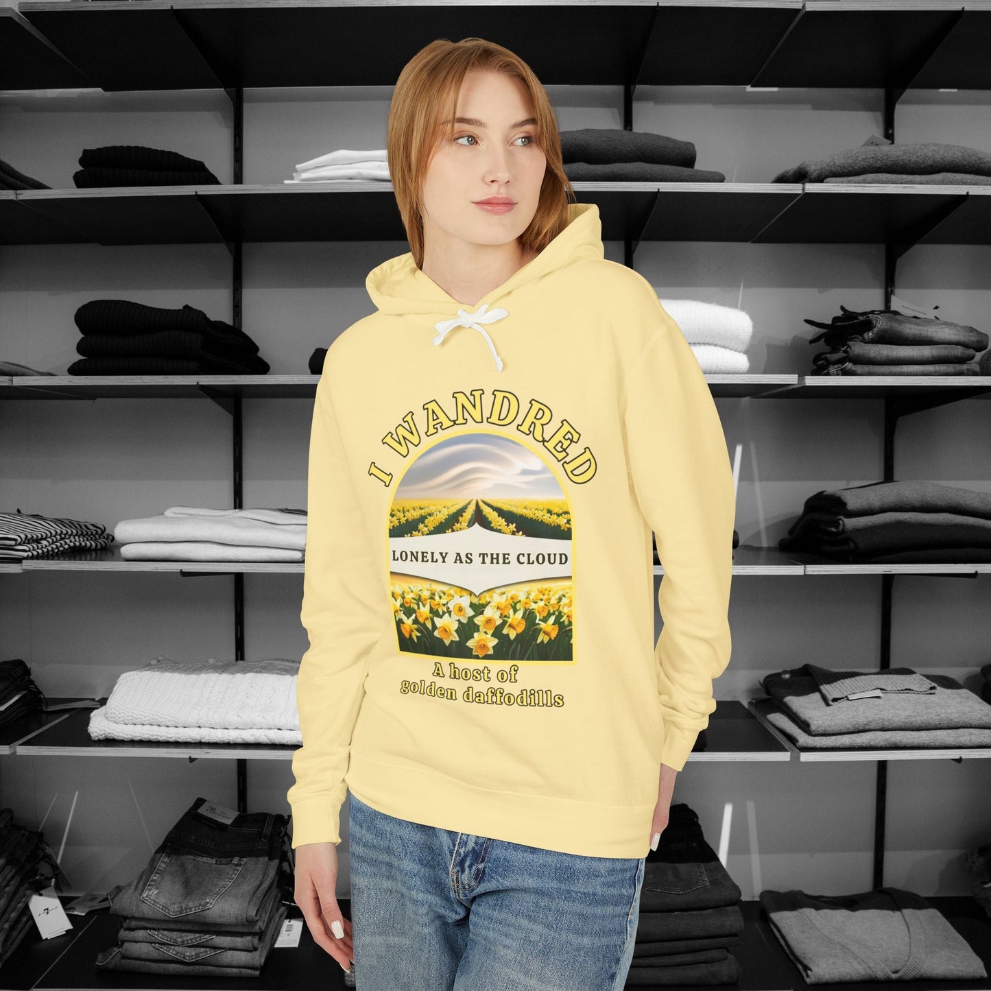 Step into poetry and style with this poetry clothing beautifully designed hoodie inspired by Wordsworth’s timeless verse, "I Wandered Lonely as a Cloud."  Shop Now