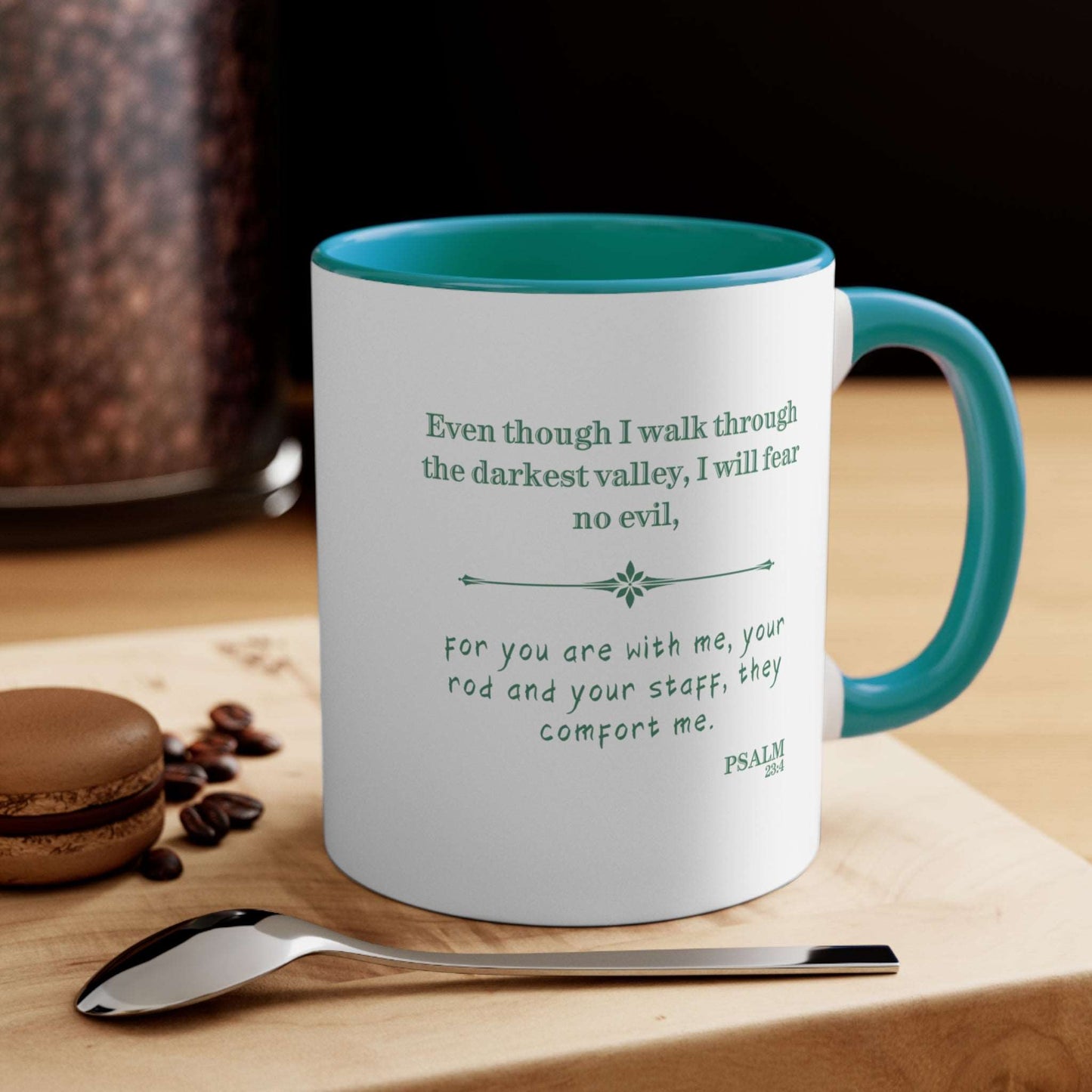 Check out our Christian Ceramic Coffee Mug "Faith, Hope & Love"  inspired by 1 Corinthians 13:13, Psalm 23:4: "Even though I walk through the darkest valley" Perfect green and white