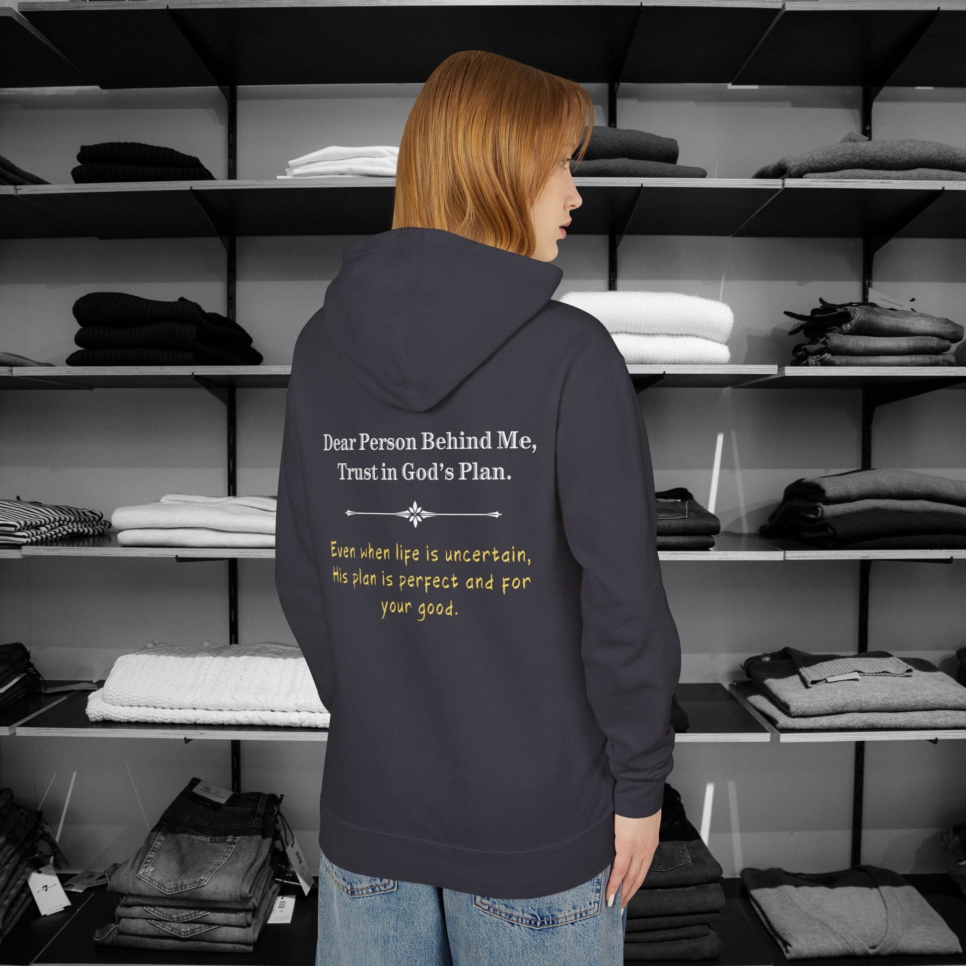 Wrap up in love & encouragement with Dear Person Behind Me hoodies "Trust in God’s Plan".These Christian hoodies are designed with love and faith and perfect for church