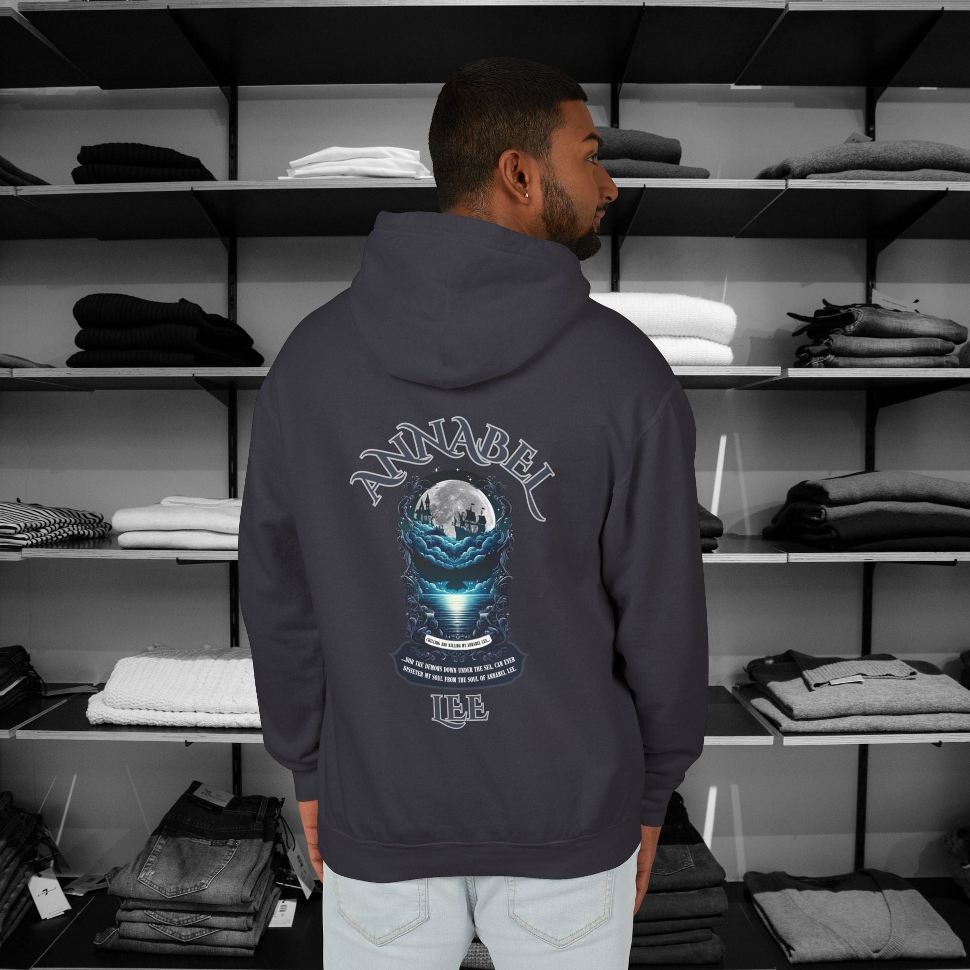 The haunting beauty of Edgar Allan Poe’s timeless poem diplayed with our Poetry Clothing Annabel Lee Gothic classic hoodie. Features a moonlit sea and gothic castle 