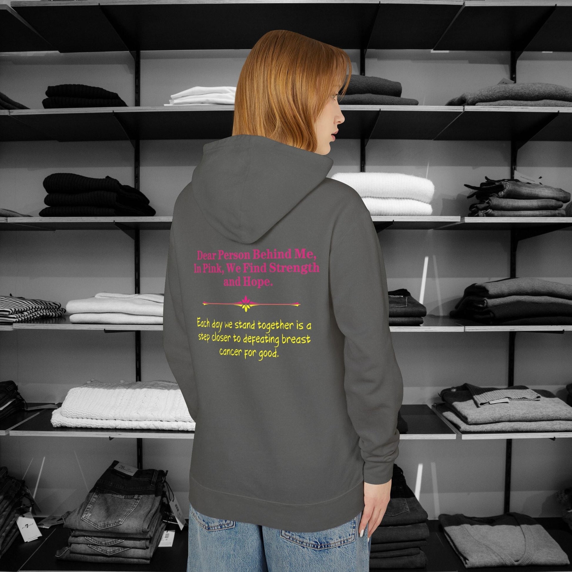 Dear Person Behind Me, In Pink, We Find Strength and Hope. Stand strong and stylish in these empowering christian hoodies that speak to both inner and outer strength. Color Pepper