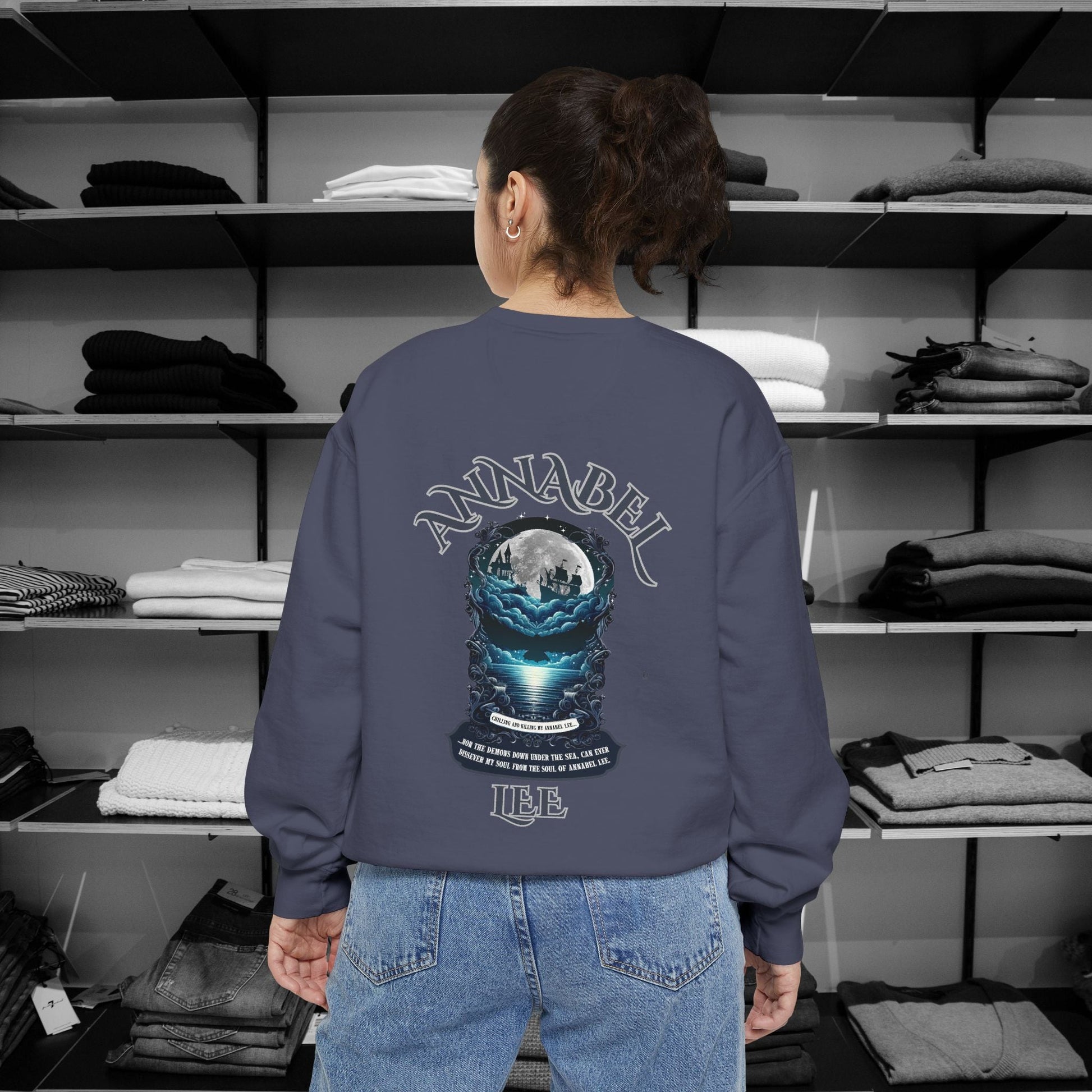 Step into the haunting beauty of Edgar Allan Poe’s timeless poem with our Poetry Clothing line, This Annabel Lee Sweatshirt Features a moonlit sea and gothic castle