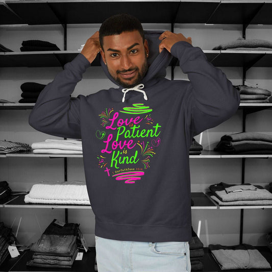 Embrace the timeless message of love with these vibrant Christian hoodies in Color black, featuring beloved verse from 1 Corinthians 13:4 Shop Now for premium Comfort Colors Hoodies