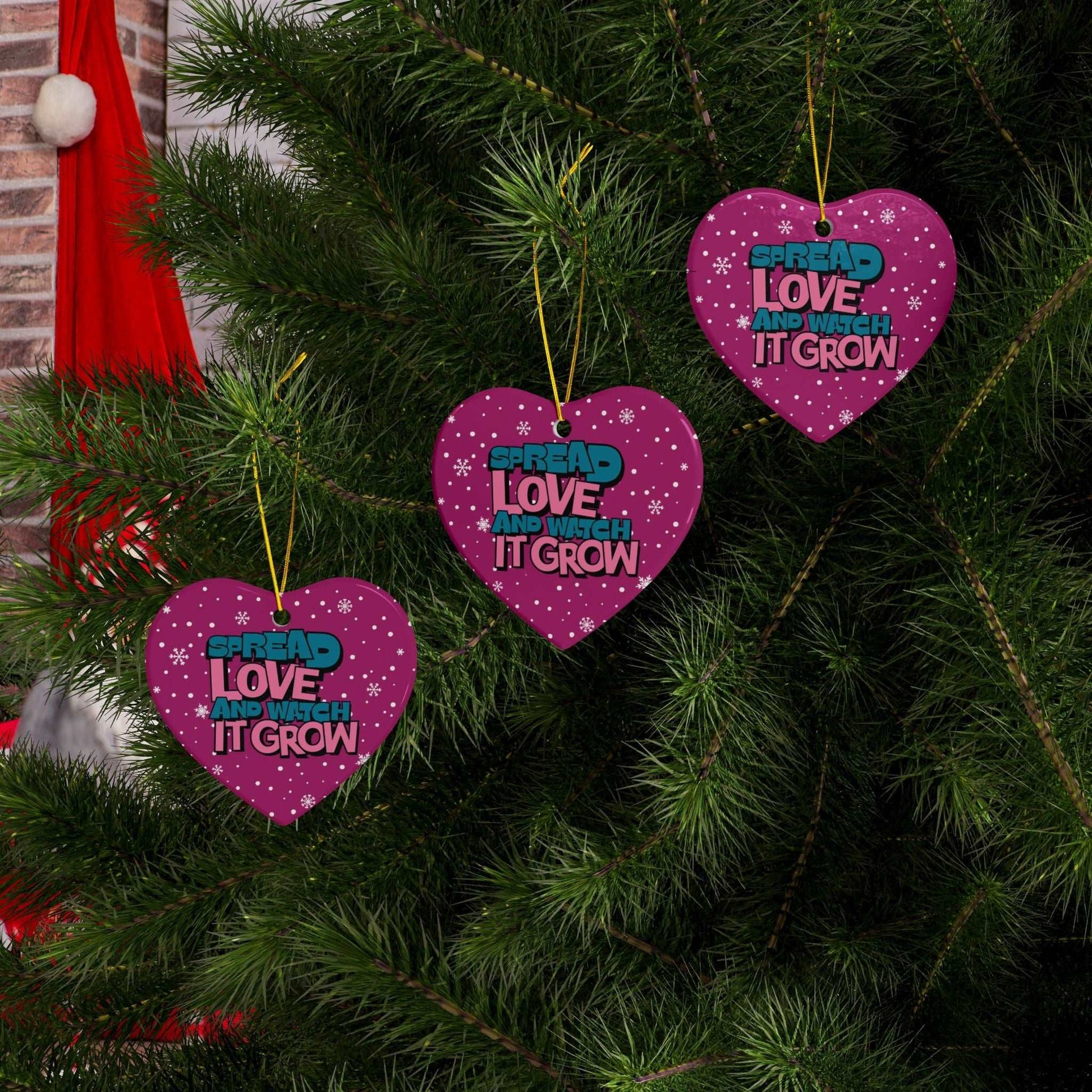 Transform Christmas trees into a beautiful beacon of growing love with Heartfelt Hoodies and these premium ceramic Christmas ornaments Spread Love and Watch it Grow.