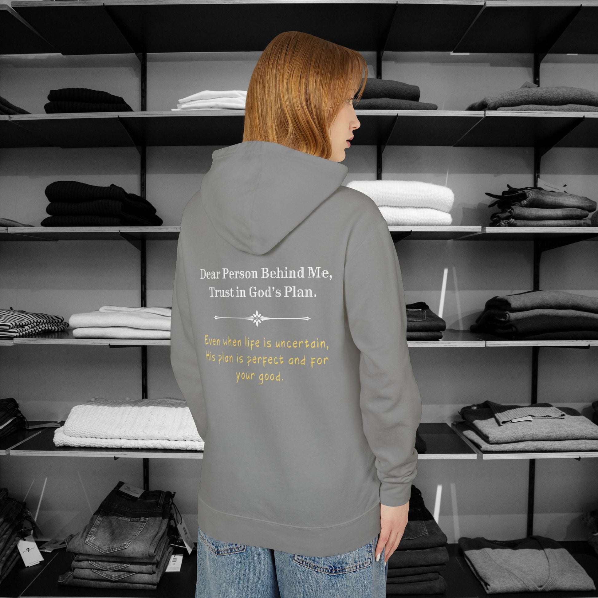 Wrap up in love & encouragement with Dear Person Behind Me hoodies "Trust in God’s Plan".These Christian hoodies are designed with love and faith and perfect for church