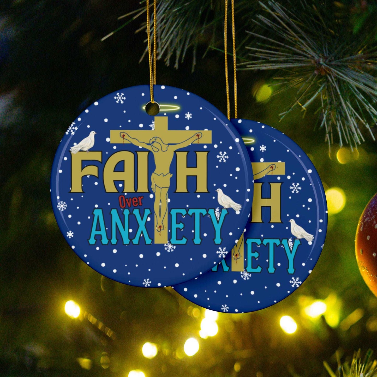 "Faith Over Anxiety" Ceramic Christmas Ornaments| Christian Tree Ornaments