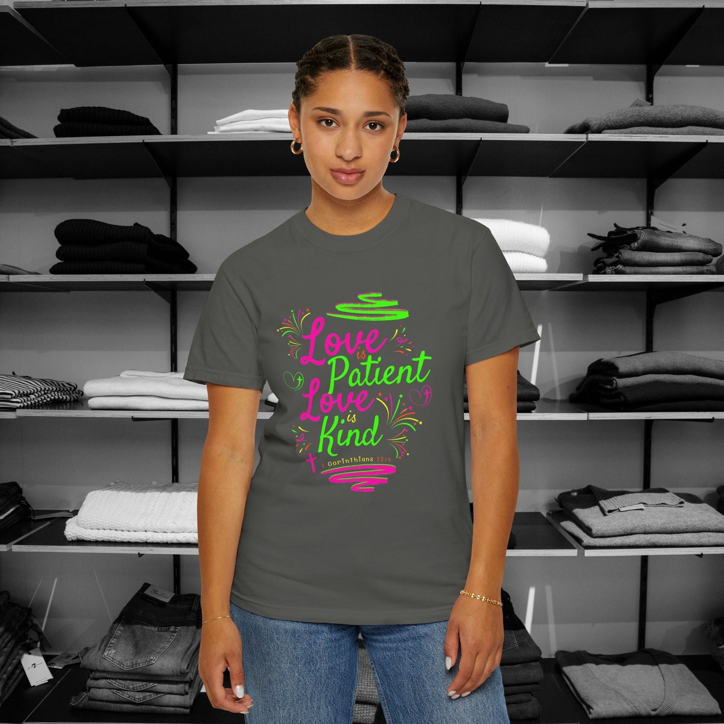 Embrace the timeless message of love with our vibrant Christian shirts featuring the beloved verse from 1 Corinthians 13:4 in Pepper Grey Color Shop Now for Premium Comfort Colors Tees