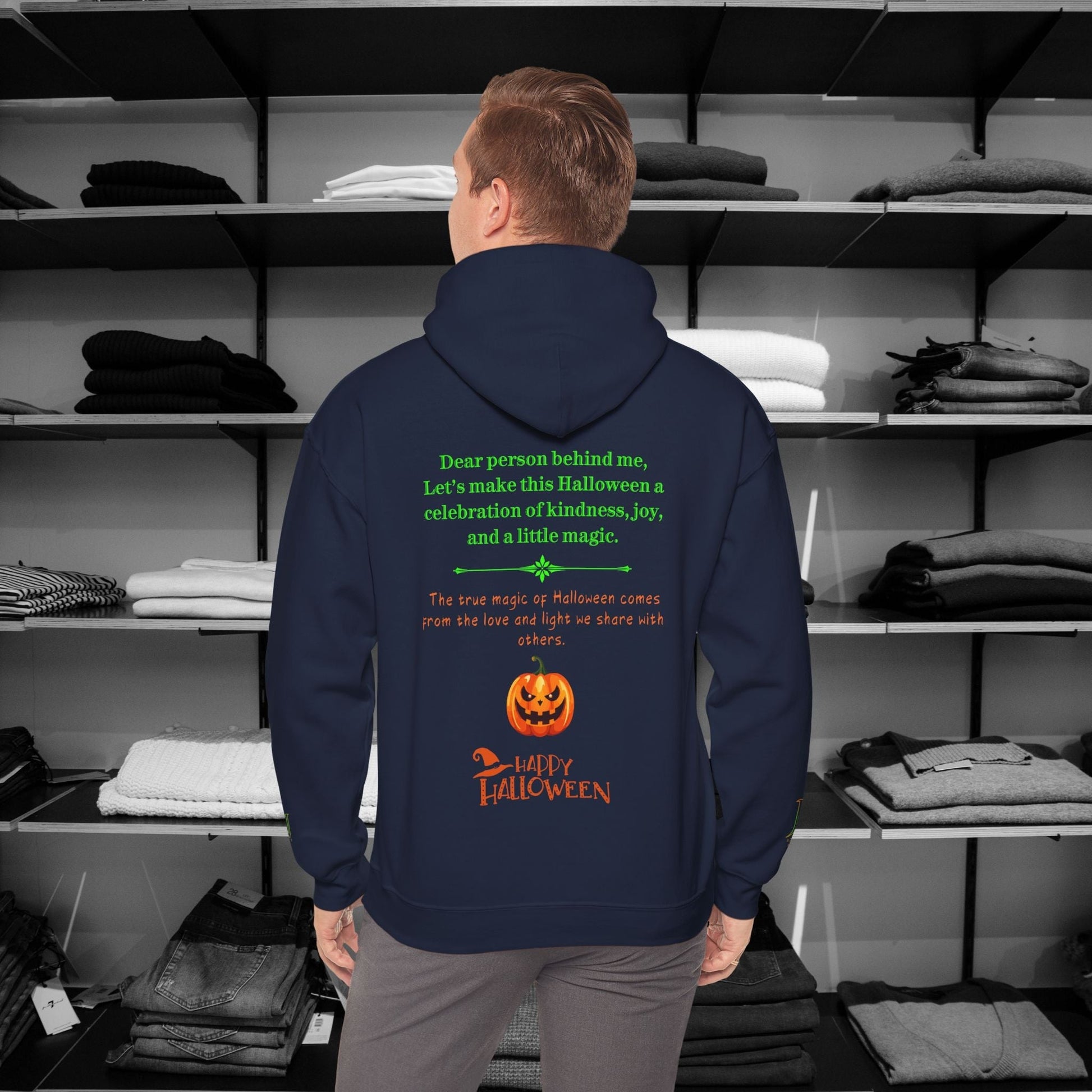 Embrace the spirit of Halloween with our cozy Dear Person Behind Me Hoodie  Designed to spread warmth kindness, Mental Health Awareness and a touch of seasonal magic