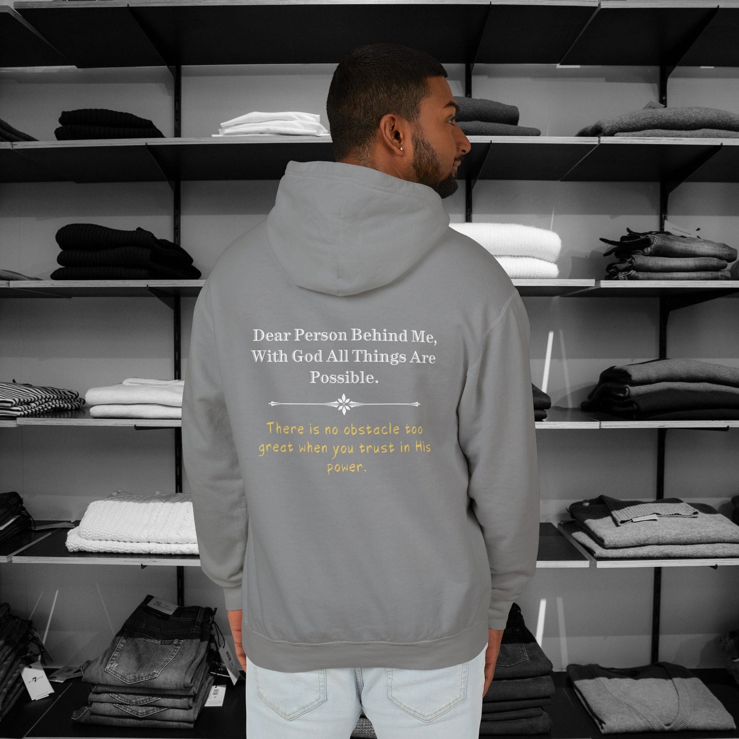 Inspire faith with our 'Dear Person Behind Me' Comfort Colors hoodie. The message 'With God All Things Are Possible' reminds wearers of His limitless power. These cozy Christian Hoodies encourage trust in God's strength to overcome any obstacle. A perfect blend of comfort and spiritual inspiration