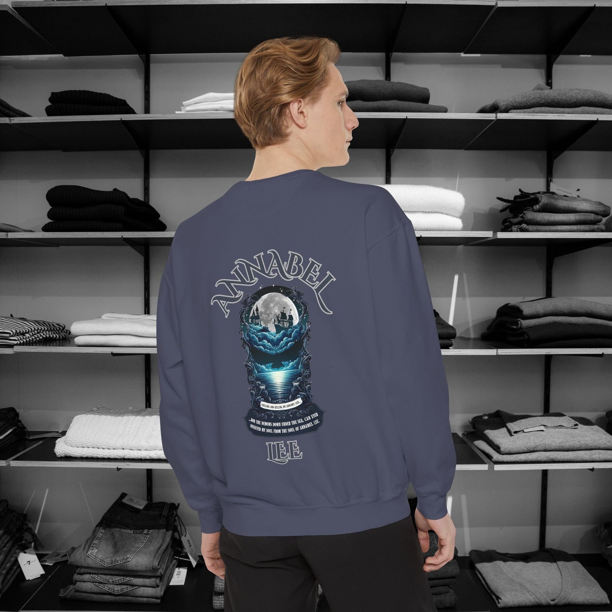 Step into the haunting beauty of Edgar Allan Poe’s timeless poem with our Poetry Clothing line, This Annabel Lee Sweatshirt Features a moonlit sea and gothic castle