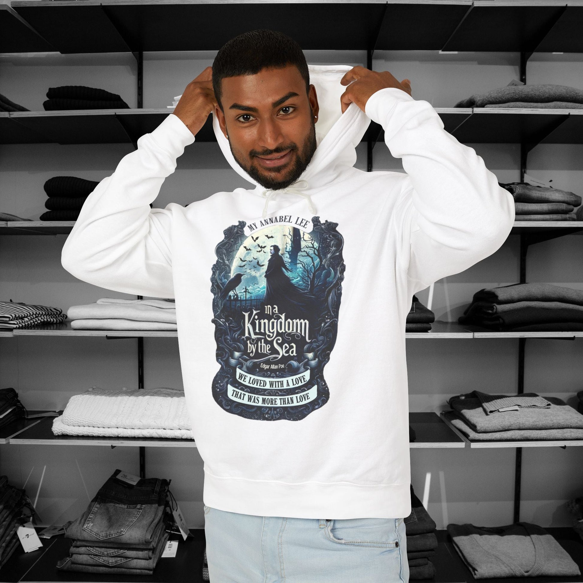 The haunting beauty of Edgar Allan Poe’s timeless poem diplayed with our Poetry Clothing Annabel Lee Gothic classic hoodie. Features a moonlit sea and gothic castle 